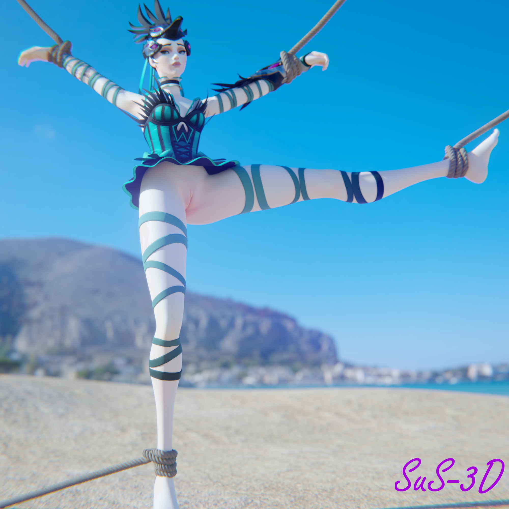 Widow tied at the beach Overwatch Widowmaker Rope Bondage Tied Feet Open legs Long Legs 4