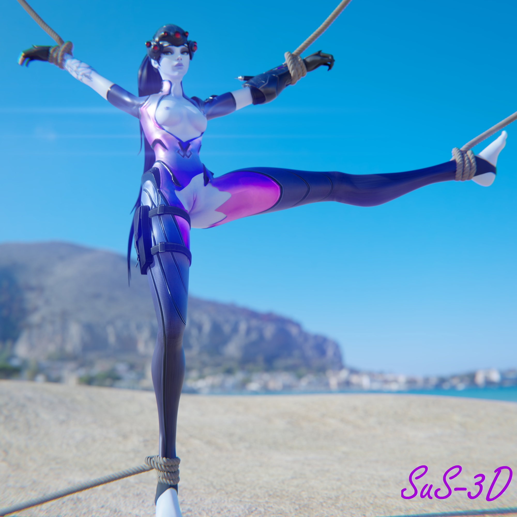 Widow tied at the beach Overwatch Widowmaker Rope Bondage Tied Feet Open legs Long Legs 5