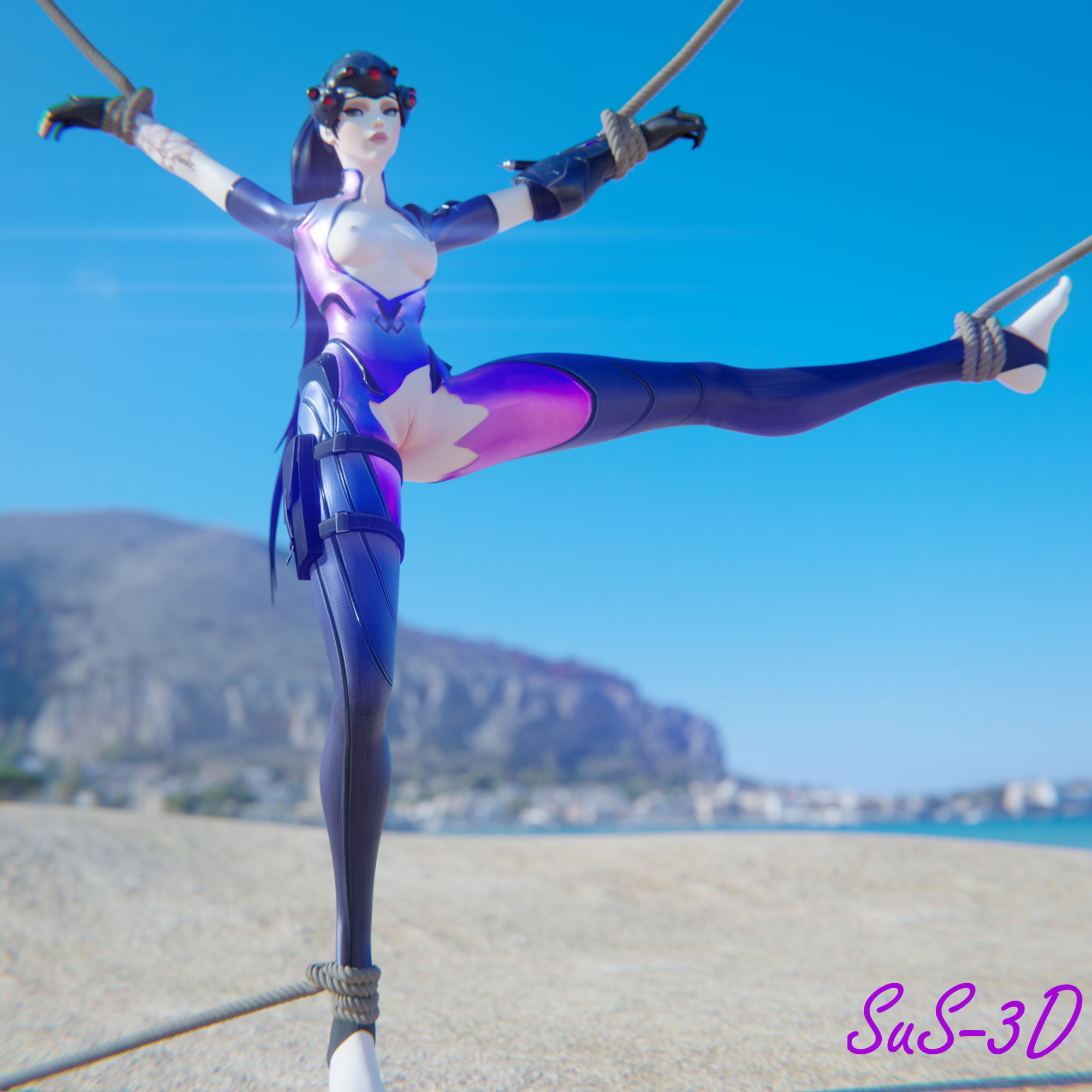 Widow tied at the beach Overwatch Widowmaker Rope Bondage Tied Feet Open legs Long Legs 6