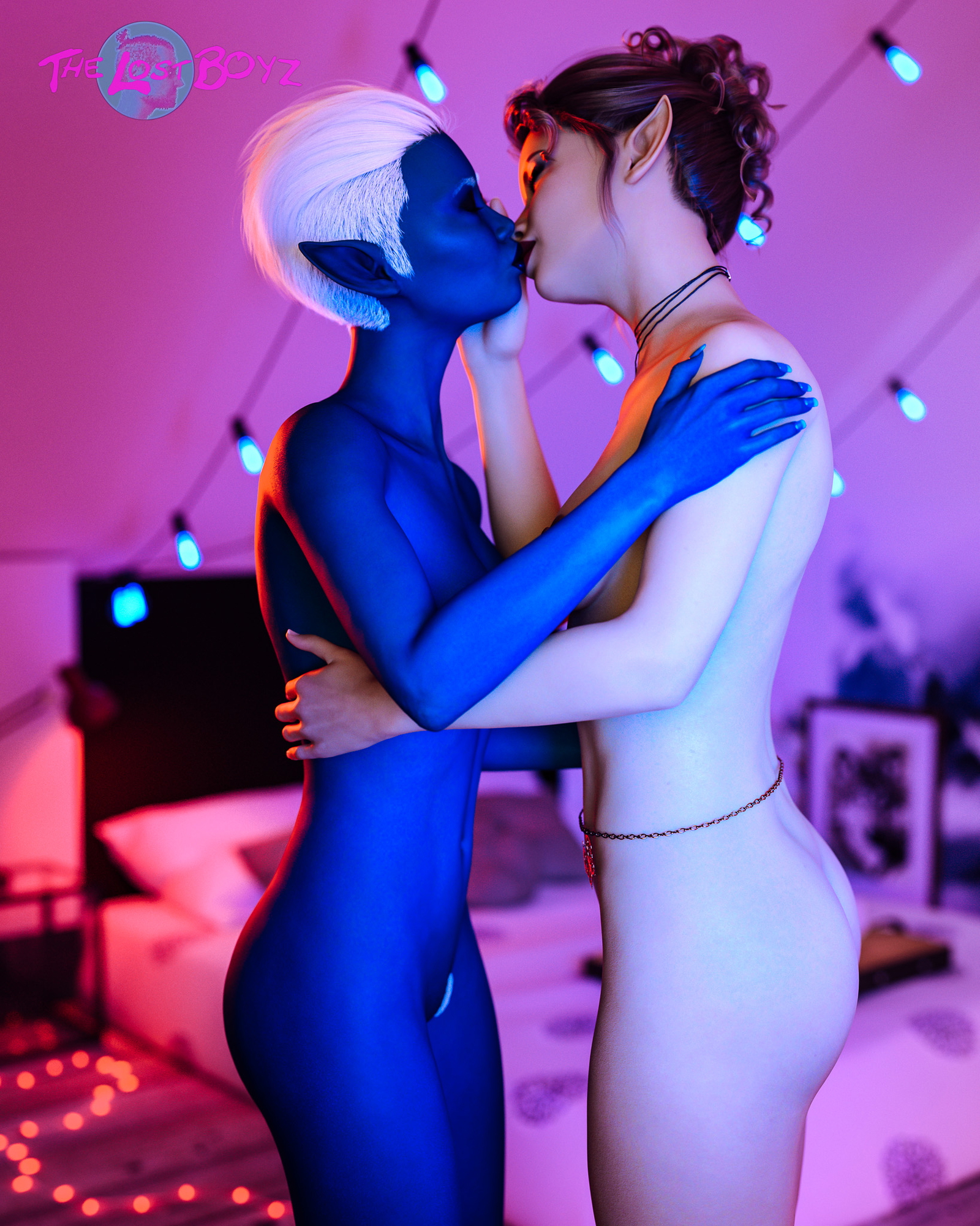 Caught in the Act unused pinup  Elf Dark Elf Lesbian Kissing Nude