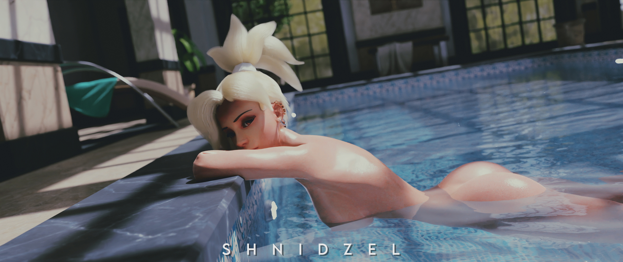 Mercy pool Mercy Overwatch 3d Porn Videogame Art Nude Naked Nature Natural Breast Big boobs Pool Pink Nipples 2