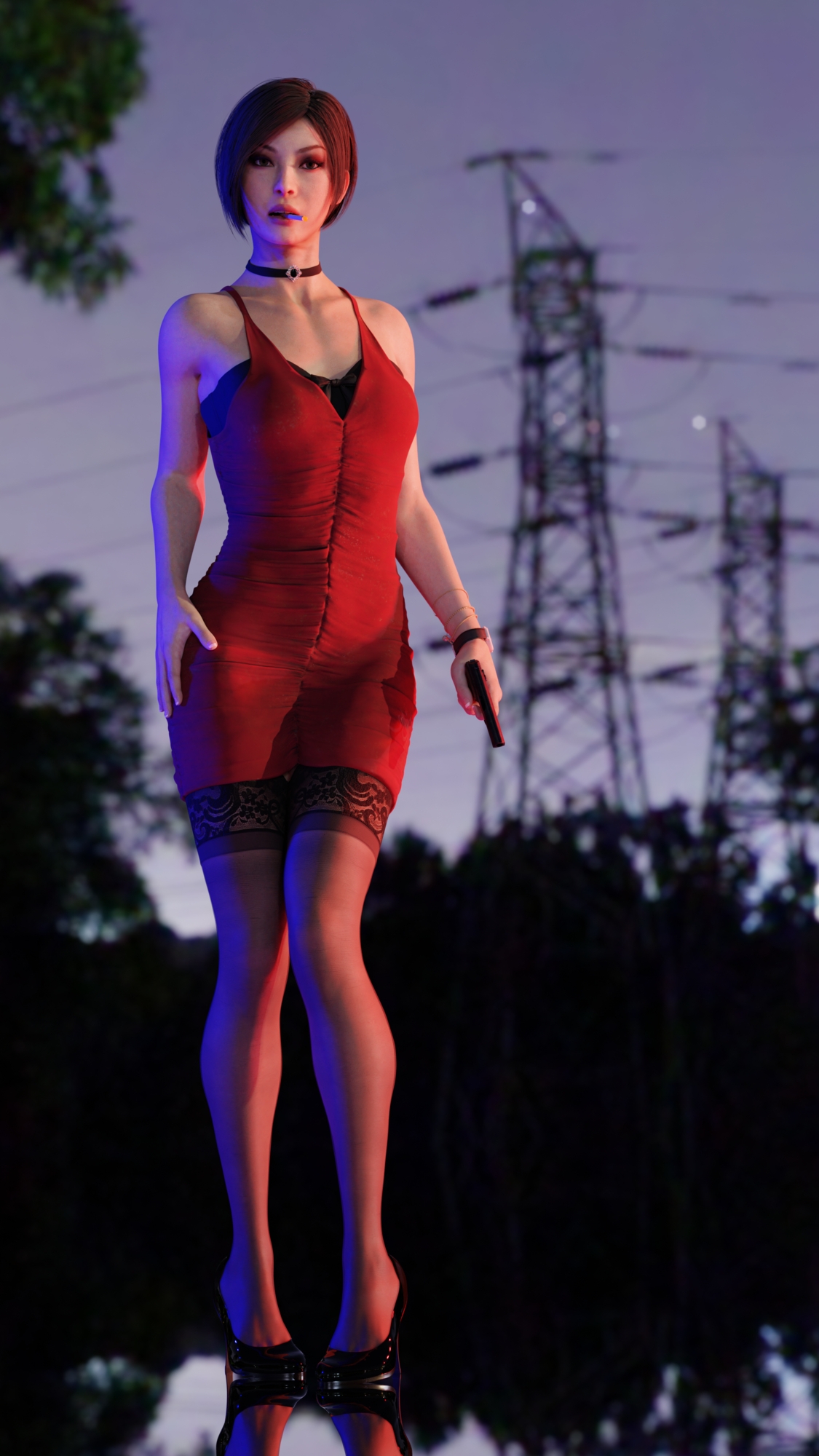 Agent Wong at a crime scene Ada Wong Resident Evil 2 Remake Dress Stockings High Heels Long Legs Smoking Sexy