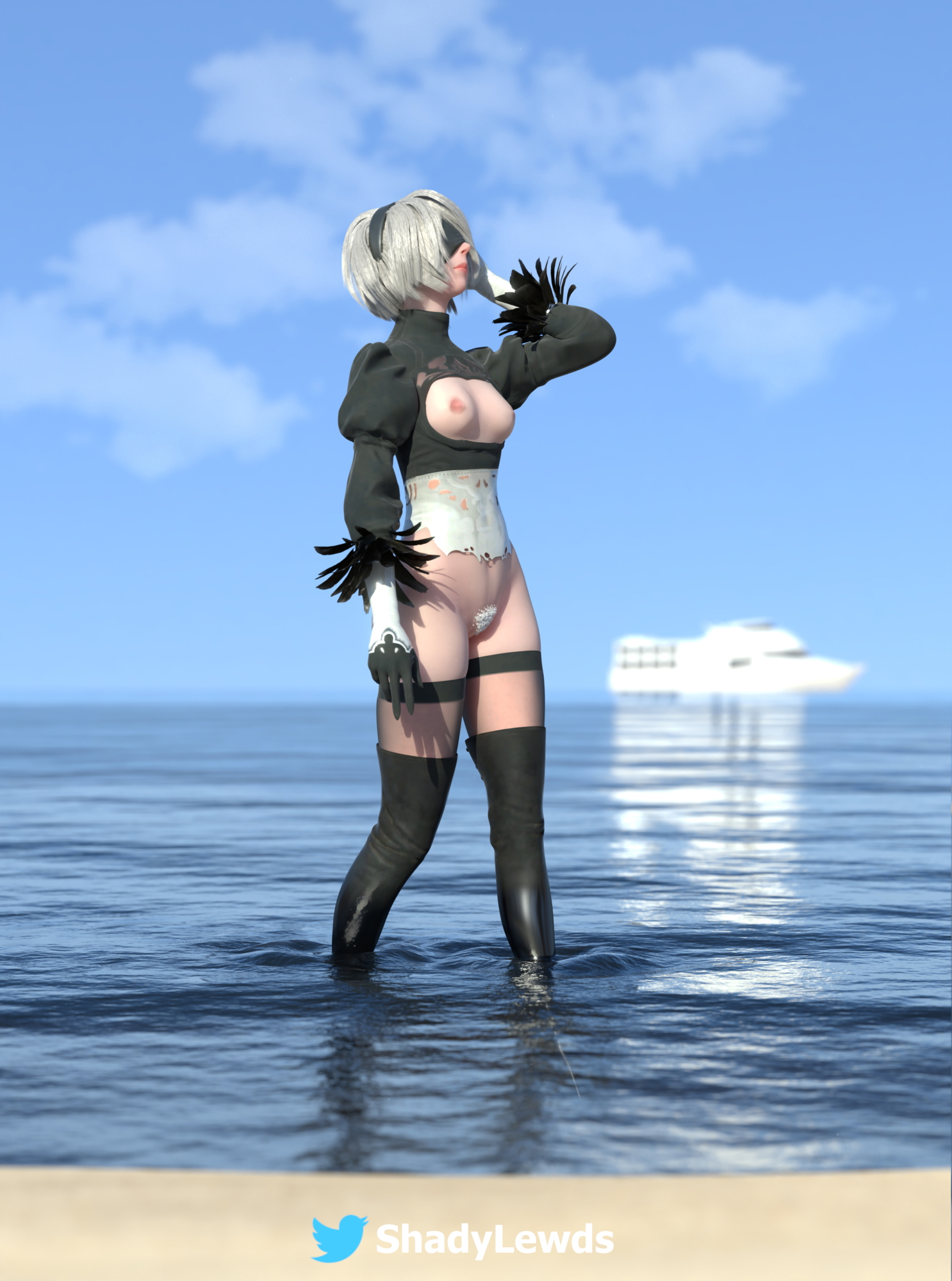 2B at the beach. 2b Yorha2b Nier Automata 3d Porn Videogame Sea Half Naked Pubic Hair Small Boobs Natural Tits Pink Nipples 2