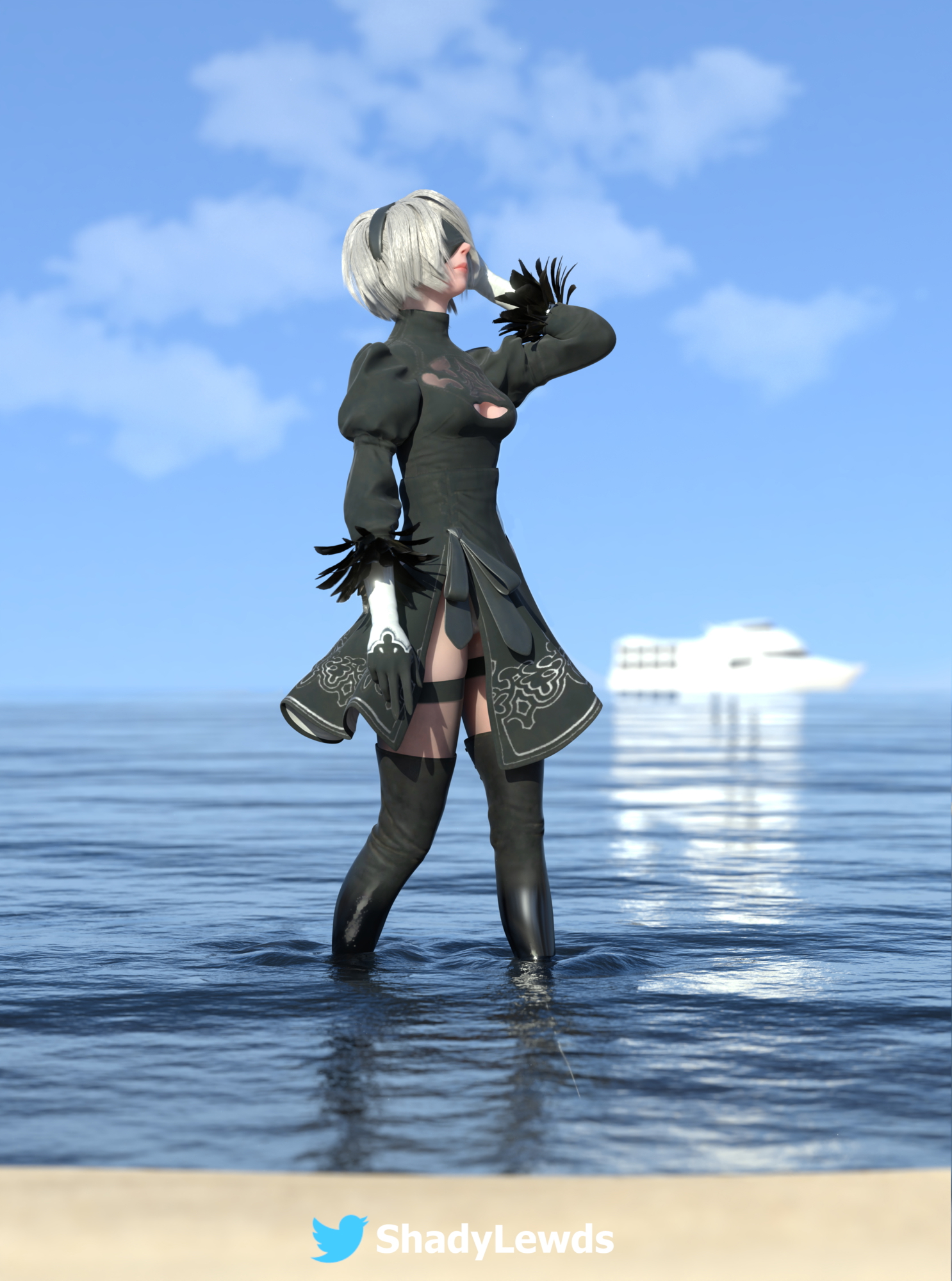 2B at the beach. 2b Yorha2b Nier Automata 3d Porn Videogame Sea Half Naked Pubic Hair Small Boobs Natural Tits Pink Nipples 3