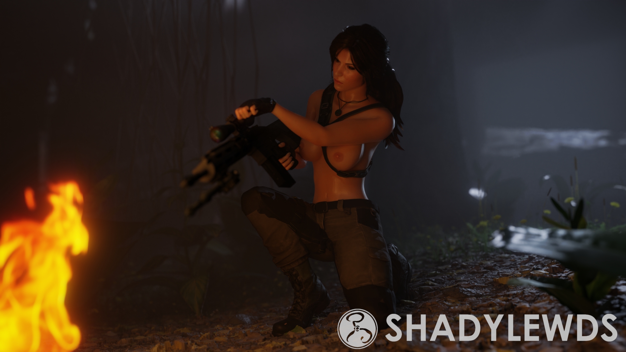 Lara Lara Croft Tomb Raider Topless Gunplay Kneeling Forest