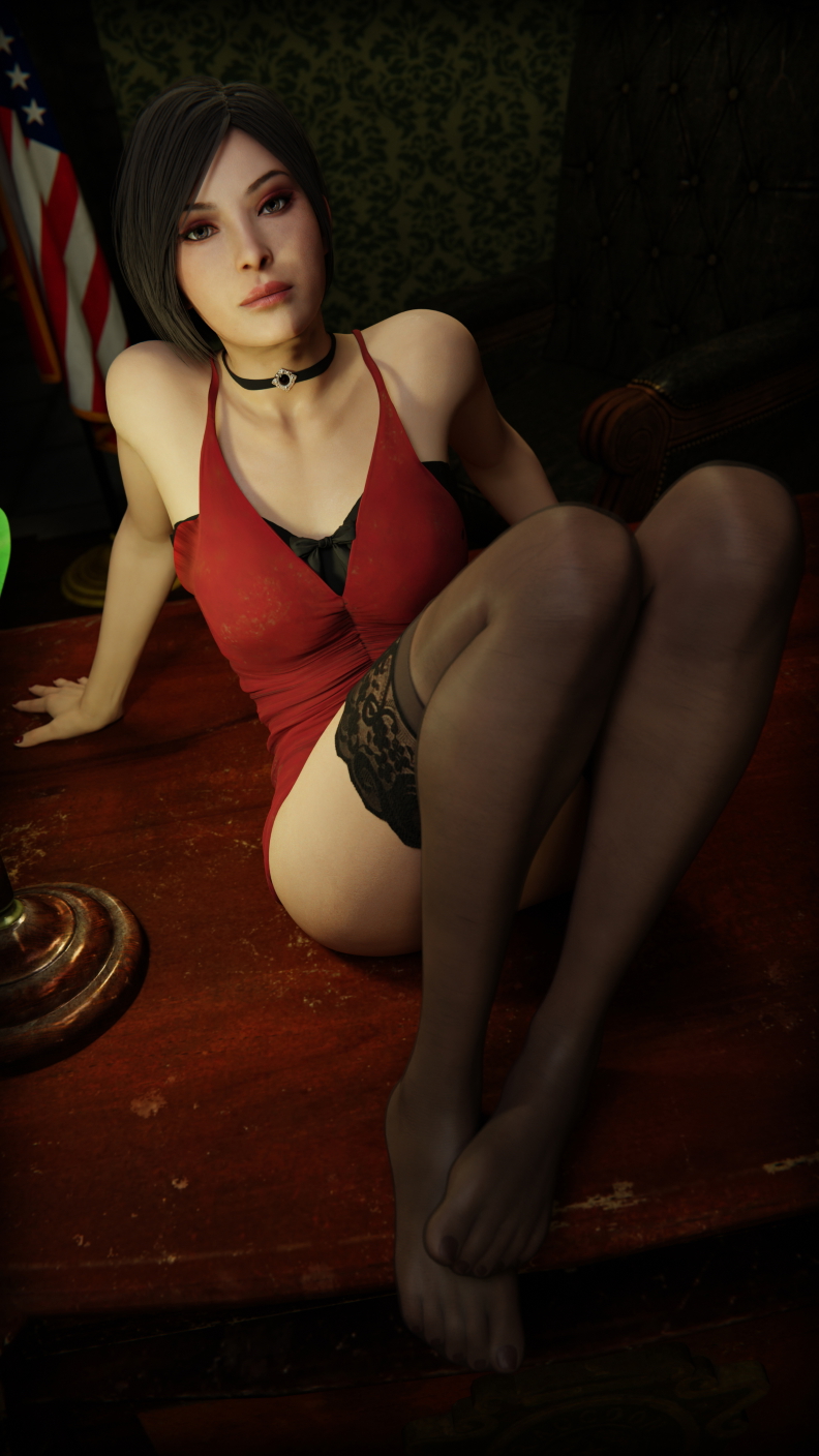 After running around on heels all day, all Ada wants is to get a nice gentle foot rub Ada Wong Resident Evil 2 Remake Looking At Viewer Short Hair Stockings Feet Dress Long Legs Asian Sitting Choker