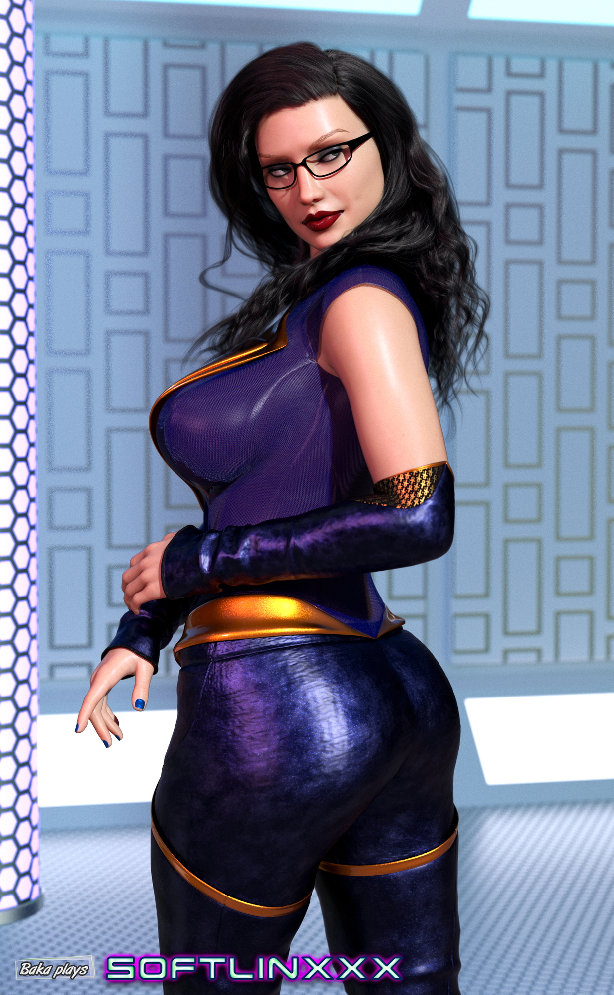 Trish thinks her new sindigo outfit is damn hot  Lingerie Raven Hair Glasses Bodysuit Big Tits Ass