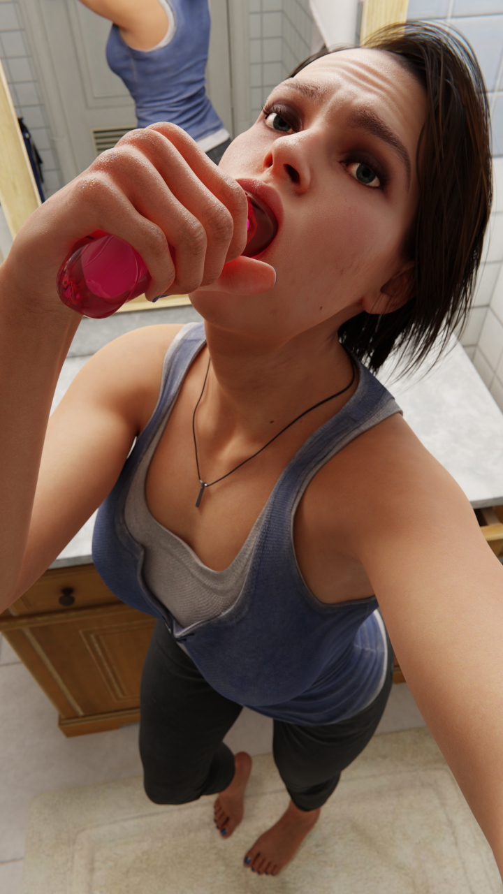 Jill's throat training Jill Valentine Resident Evil 2 Remake Deep throat Double Dildo Throat Bulge Feet Big Tits Big Ass Looking At Viewer Selfie
