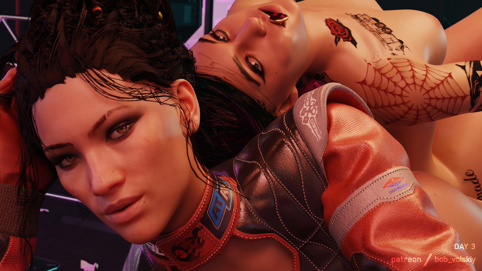 Panam and Judy waiting for V Cyberpunk2077 Panam Palmer Judy Alvarez Cyberpunk Butt plug Lesbian Breasts Nipples Tattoo