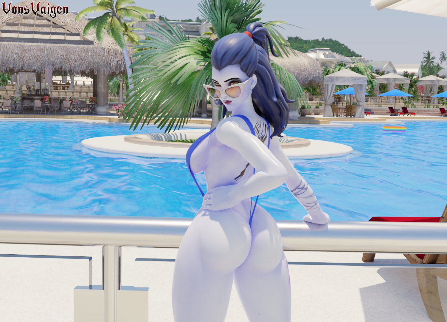 Widowmaker, Sexy cote d'azur Widowmaker Widowmakeroverwatch Overwatch Thong Bikini Thicc Thighs Thick Big Booty Booty Butt Boobs Legs Long Legs 3d Girl 3dnsfw Pool