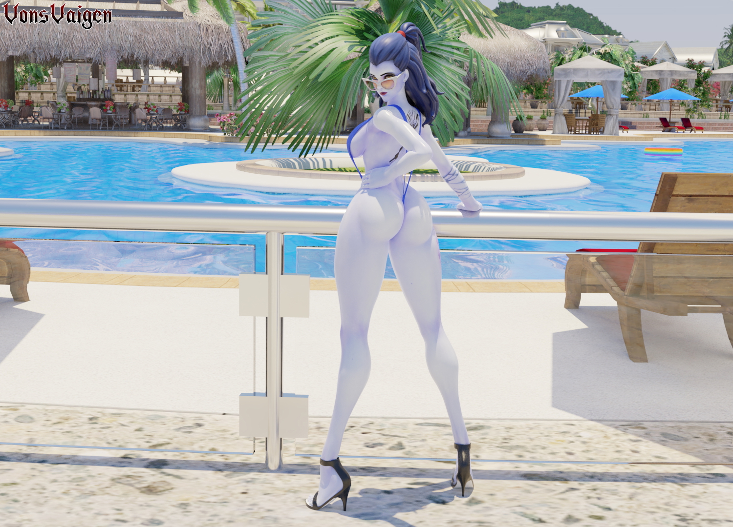Widowmaker, Sexy cote d'azur Widowmaker Widowmakeroverwatch Overwatch Thong Bikini Thicc Thighs Thick Big Booty Booty Butt Boobs Legs Long Legs 3d Girl 3dnsfw Pool 2