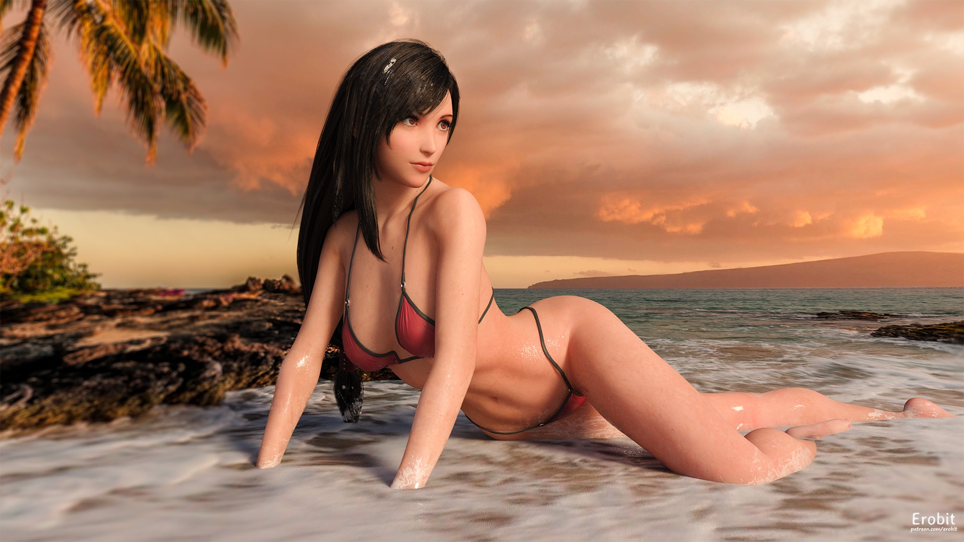 Tifa is having fun at the beach! Tifa Lockhart Tifa Final Fantasy Final Fantasy 7 Final Fantasy 7 Remake Bikini Beach Sunset Wet