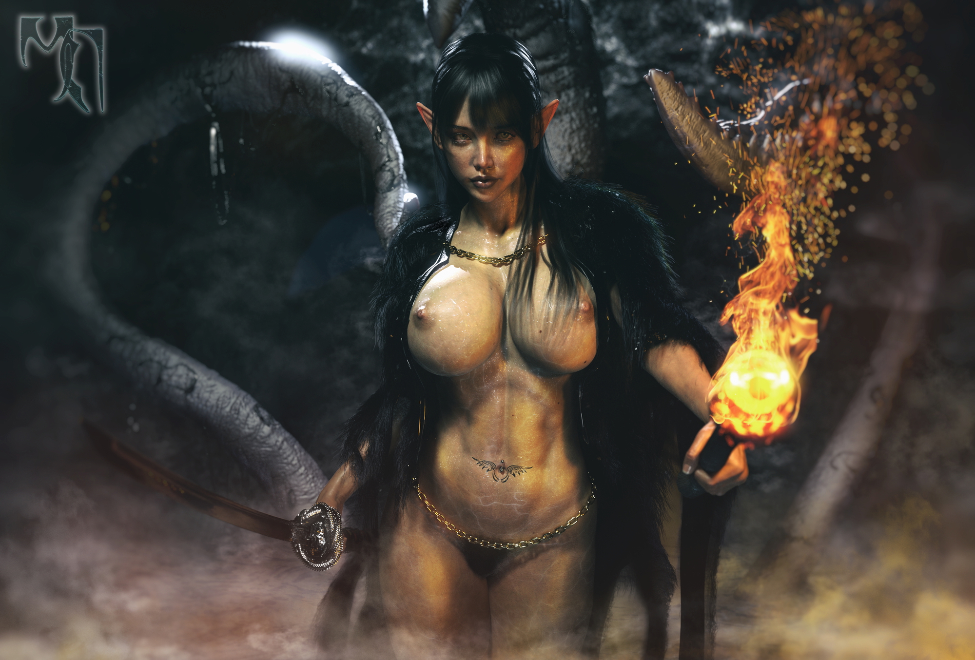 Tentacles  Elf Black Hair Pubic Hair Sword Tentacles Piercing Big Breasts Cave