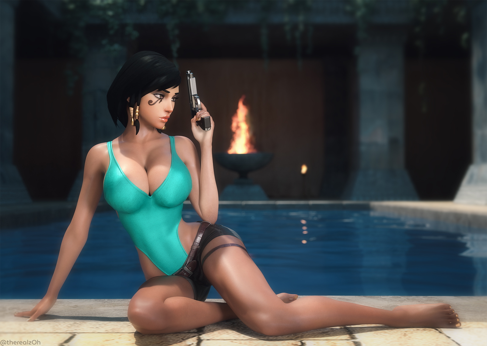 Pharah Croft Pharah Overwatch Lara Croft Tomb Raider 3d Girl 3d Porn Sexy Pool Big boobs