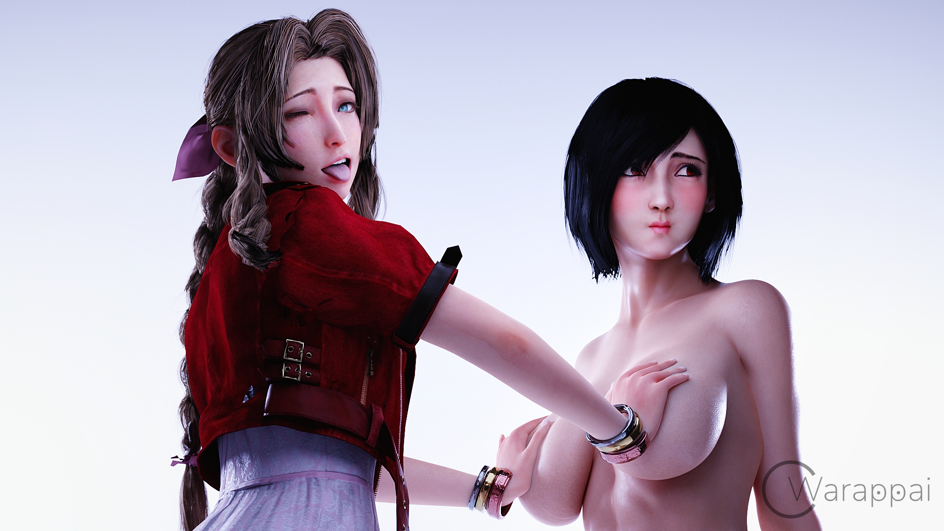Aerith measuring Tifa s boobies the only way it should be done - by touching them and measuring both the size and softness at the same time~~