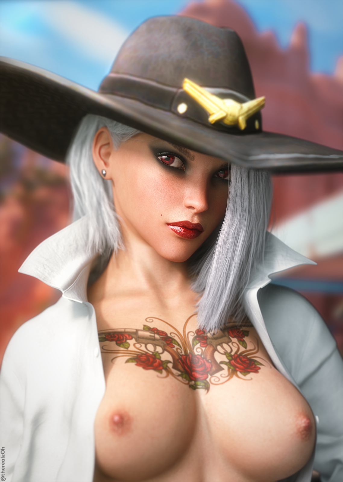 Ashe portrait Ashe Overwatch 3d Girl 3d Porn Half Naked Topless Pink Nipples Sexy Looking At Viewer