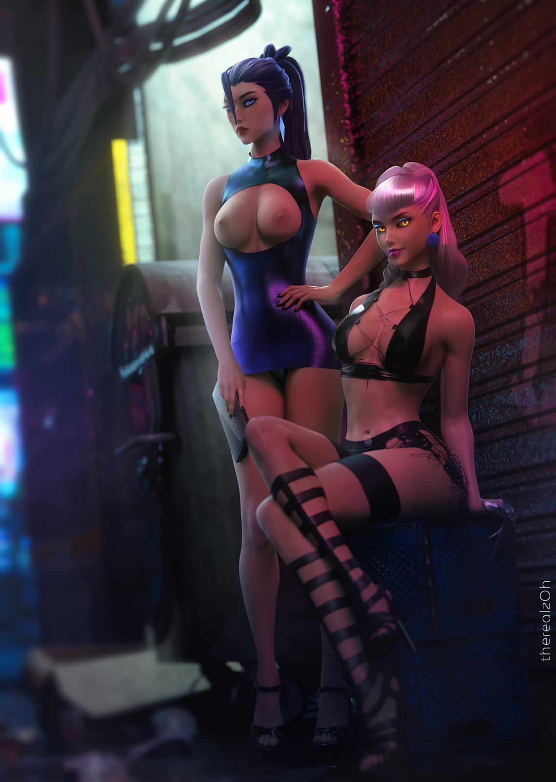K/DA Kai Sa and Evelynn hanging out with the merchandise on display League Of Legends Kai'sa Evelynn 3d Girl 3d Porn Prostitute Topless Natural Boobs Big Tits