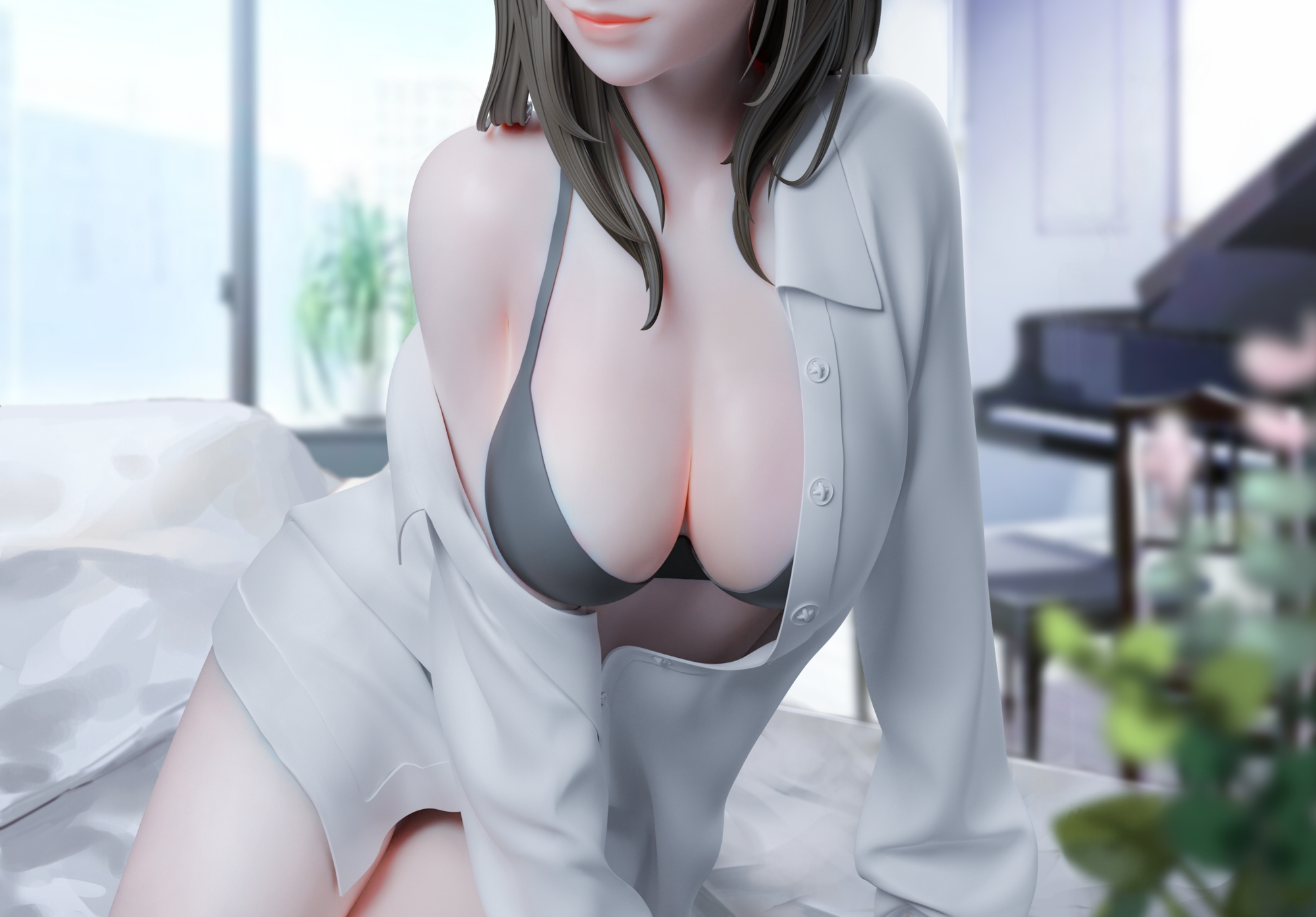Morning  3d Girl 3d Porn Nude Sexy Long Legs Big Breasts Cleavage Lips Brown Hair On Bed Shirtless Shirt Cut Meme Solo Underwear Black White Natural Boobs