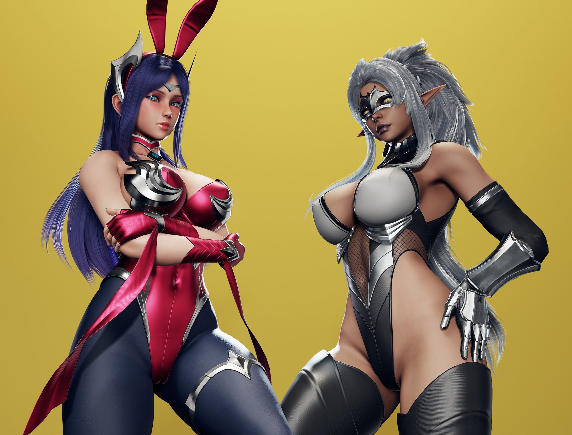 Bunny Irelia & Dark Elf Blader  asserting dominance Irelia League Of Legends Model Sexy Dark Elf Armor Bikini Armor Elf Pinup Natural Boobs Booty