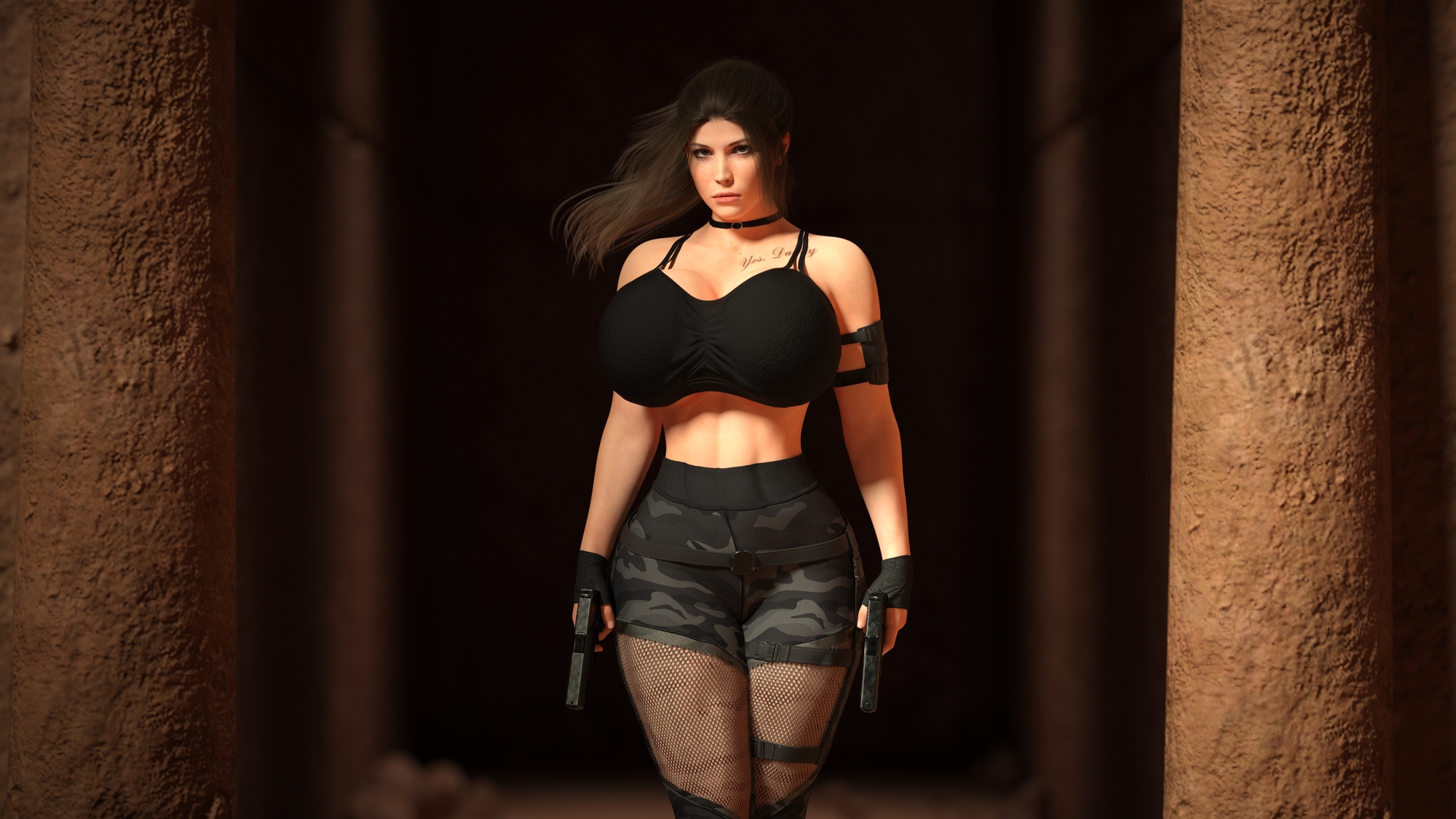 The Tomb Raider Lara Croft Tomb Raider Female Largebreasts Big Tits Big Breasts Big boobs Tattoo Ponytail Long Hair Weapon Leggings Muscular Girl 3d Girl 1girl Looking At Viewer Bra Sfw Nsfw