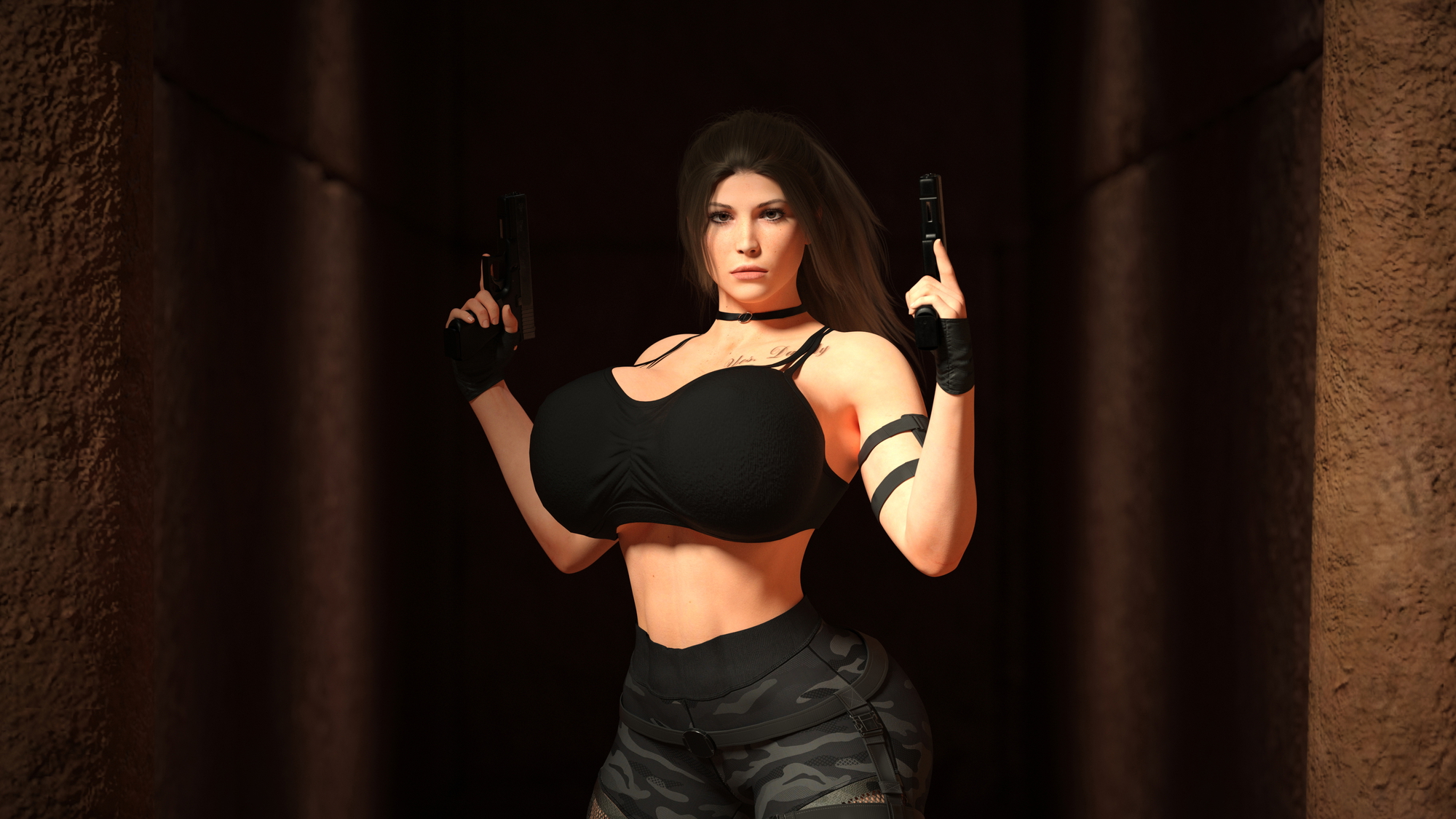 The Tomb Raider Lara Croft Tomb Raider Female Largebreasts Big Tits Big Breasts Big boobs Tattoo Ponytail Long Hair Weapon Leggings Muscular Girl 3d Girl 1girl Looking At Viewer Bra Sfw Nsfw 2
