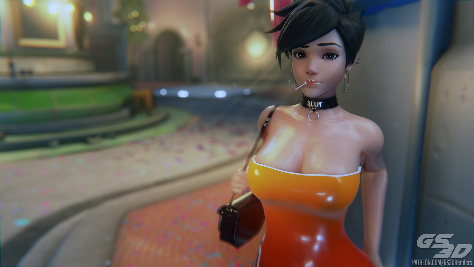 Working The Streets Tracer Traceroverwatch Overwatch Rubber Latex Dress Collar Futanari Futa Slut Whore Chastity