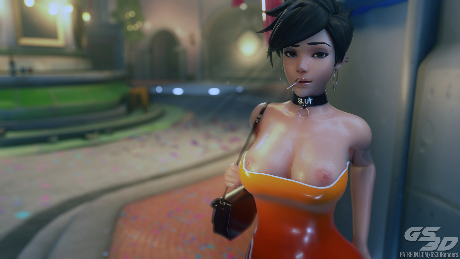 Working The Streets Tracer Traceroverwatch Overwatch Rubber Latex Dress Collar Futanari Futa Slut Whore Chastity 2