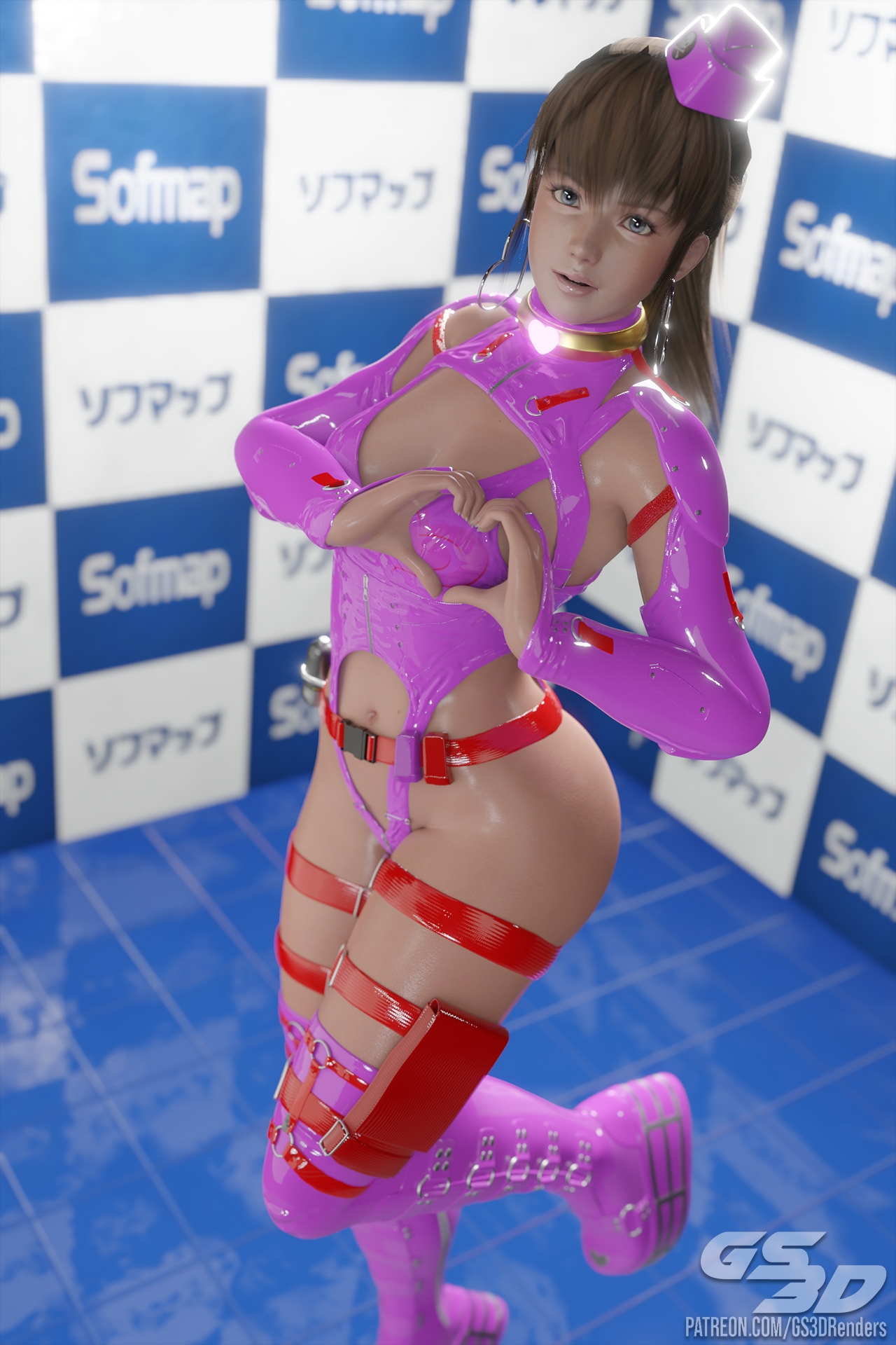 V-Day Cadet [HD] Hitomi Dead Or Alive Rubber Latex Uniform Outfit Cosplay Blender3d Neko Cat Ears Headset Valentine's Day Boots