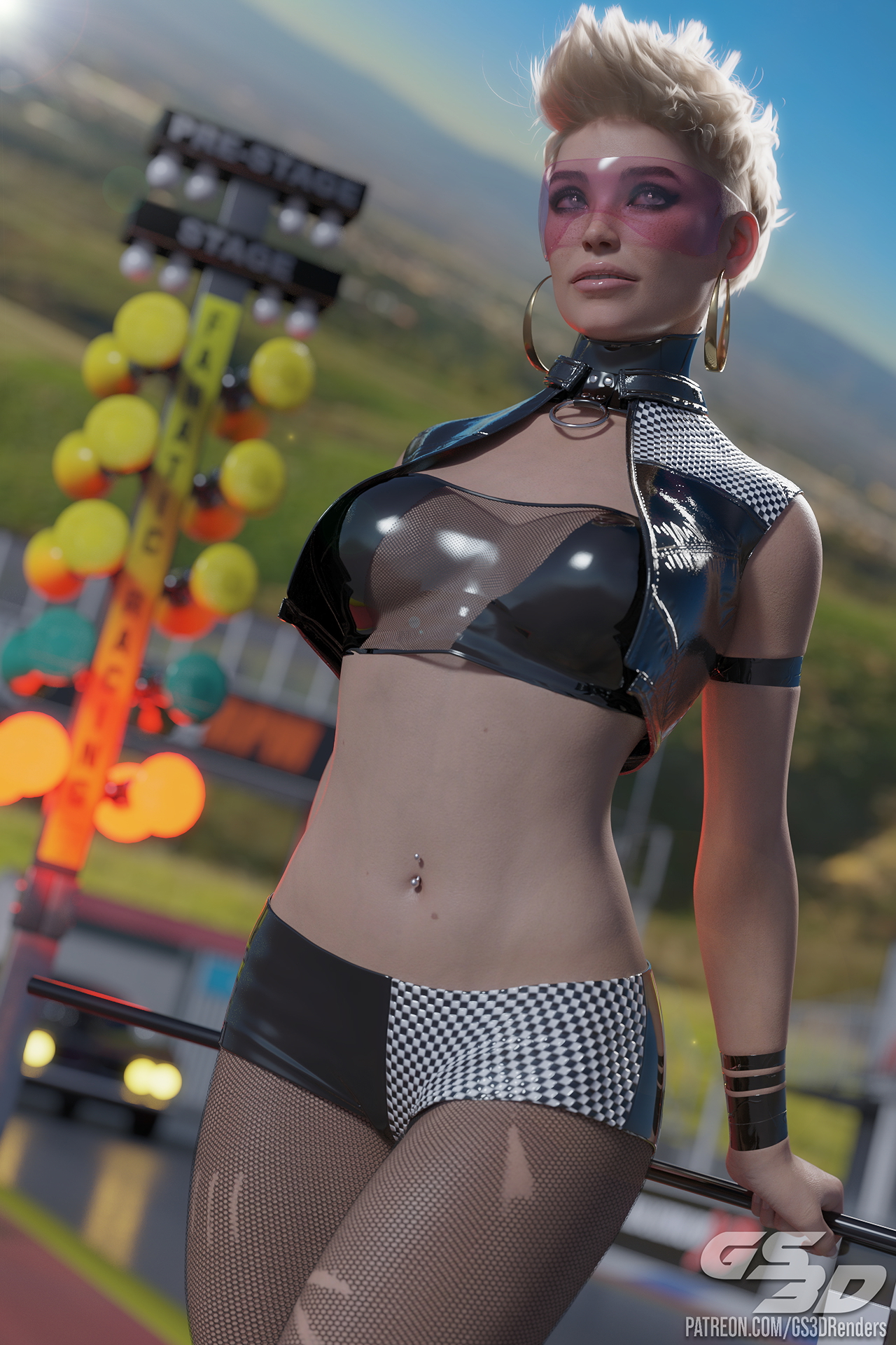 Race Queen [HD]  Rubber Latex Slut Race Queen Blonde Collar Flag Visor Glasses Goggles High Heels Short Hair Shorts Car Racing