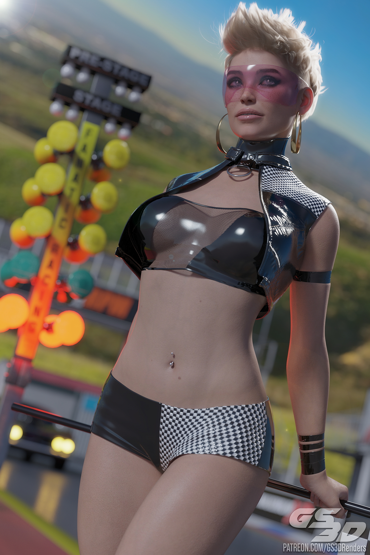 Race Queen [HD]  Rubber Latex Slut Race Queen Blonde Collar Flag Visor Glasses Goggles High Heels Short Hair Shorts Car Racing 2