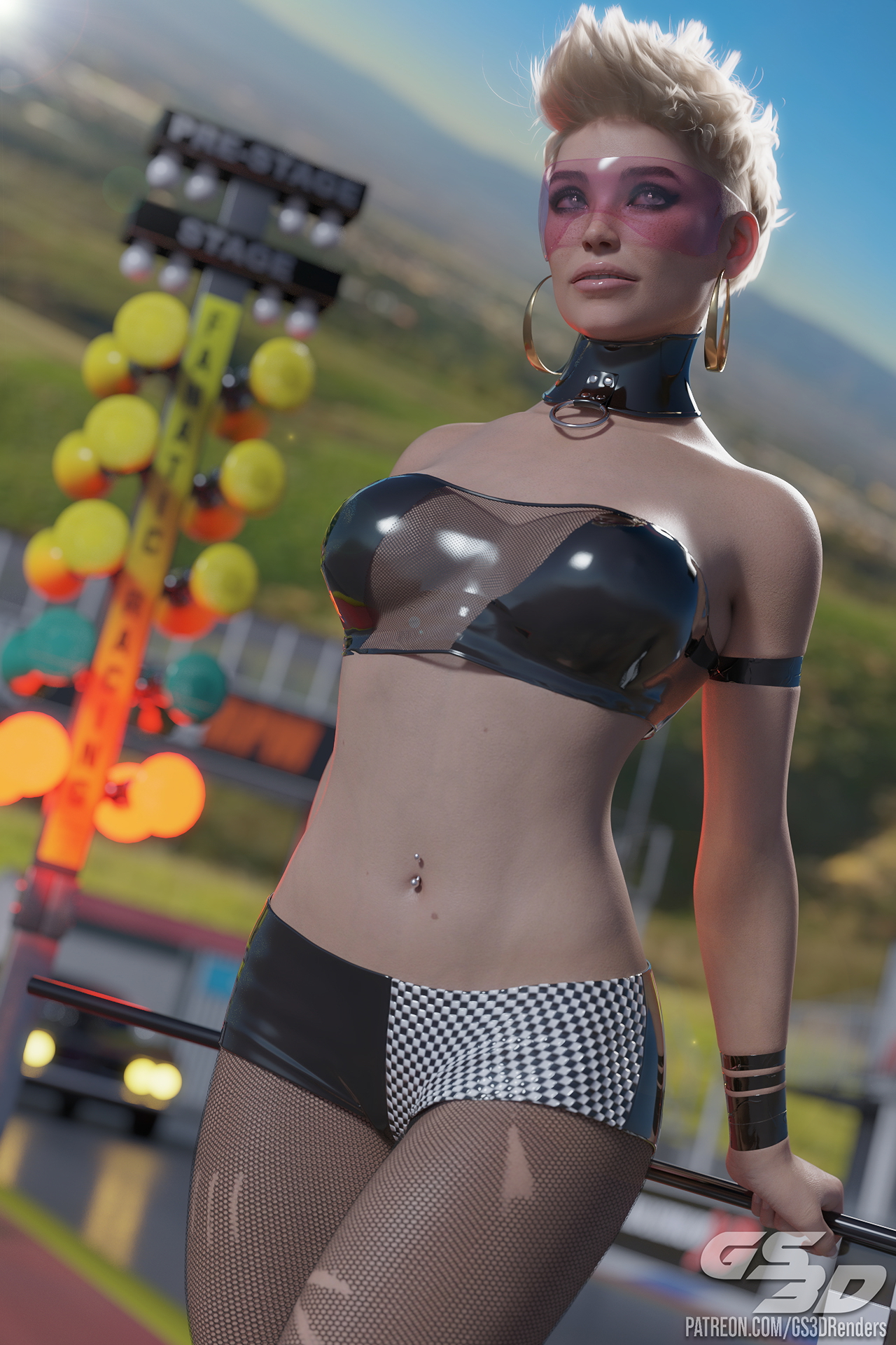 Race Queen [HD]  Rubber Latex Slut Race Queen Blonde Collar Flag Visor Glasses Goggles High Heels Short Hair Shorts Car Racing 3