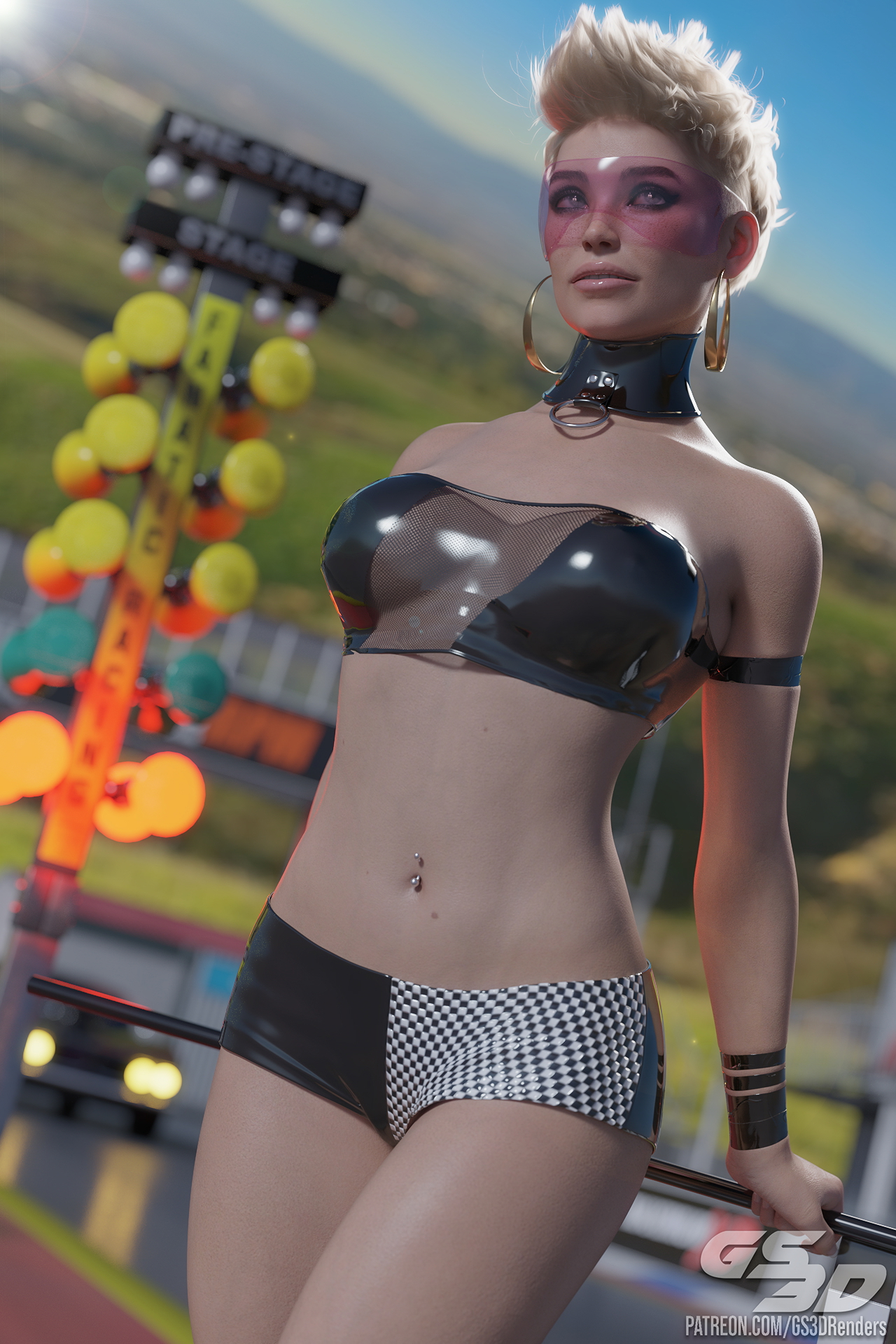 Race Queen [HD]  Rubber Latex Slut Race Queen Blonde Collar Flag Visor Glasses Goggles High Heels Short Hair Shorts Car Racing 4