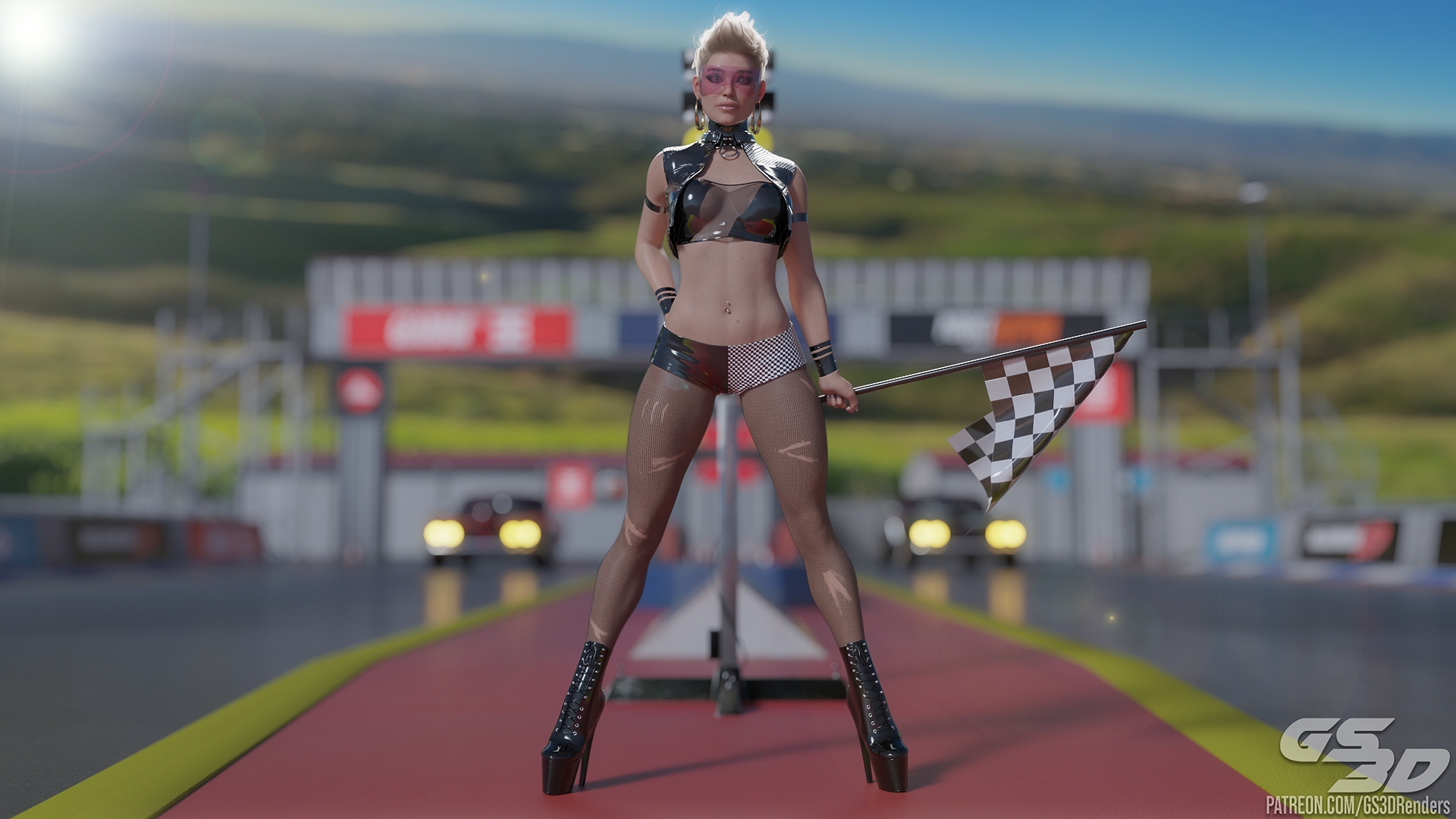 Race Queen [HD]  Rubber Latex Slut Race Queen Blonde Collar Flag Visor Glasses Goggles High Heels Short Hair Shorts Car Racing 7