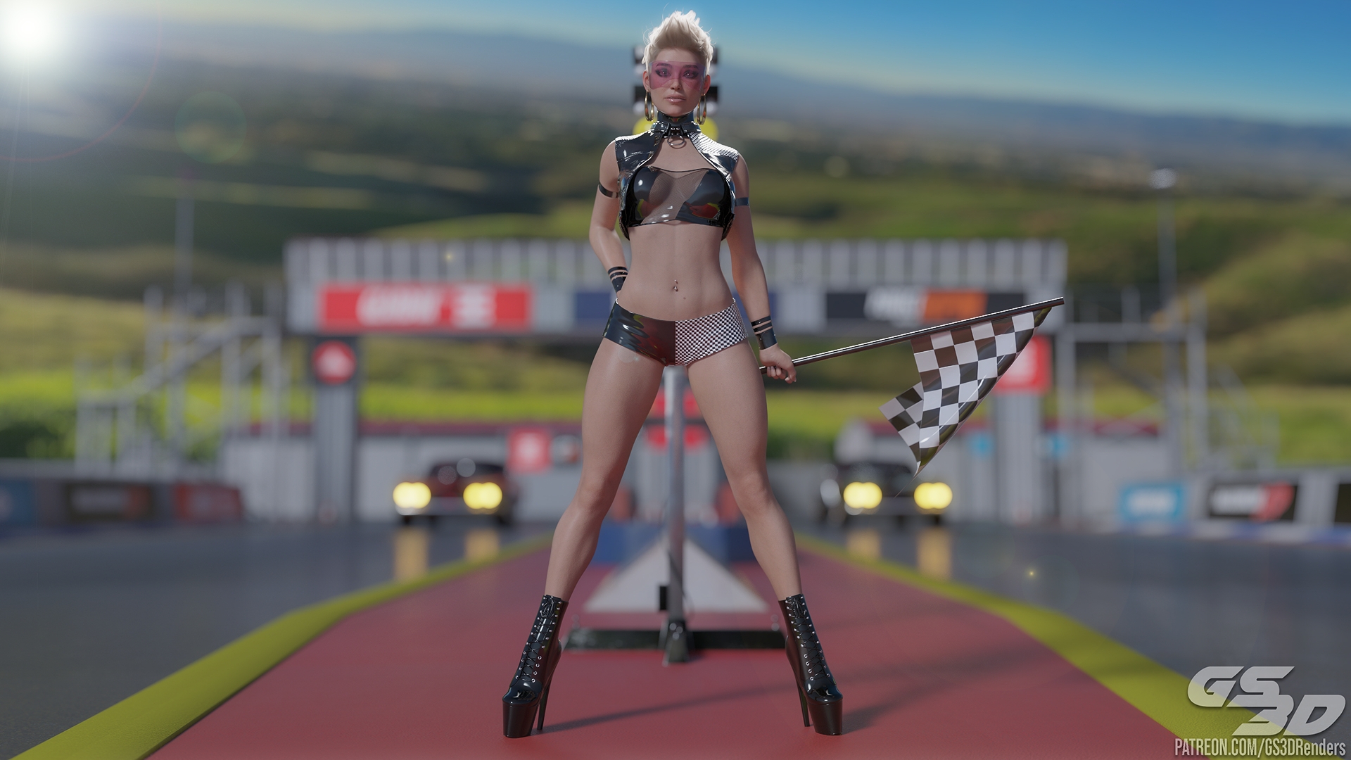 Race Queen [HD]  Rubber Latex Slut Race Queen Blonde Collar Flag Visor Glasses Goggles High Heels Short Hair Shorts Car Racing 8
