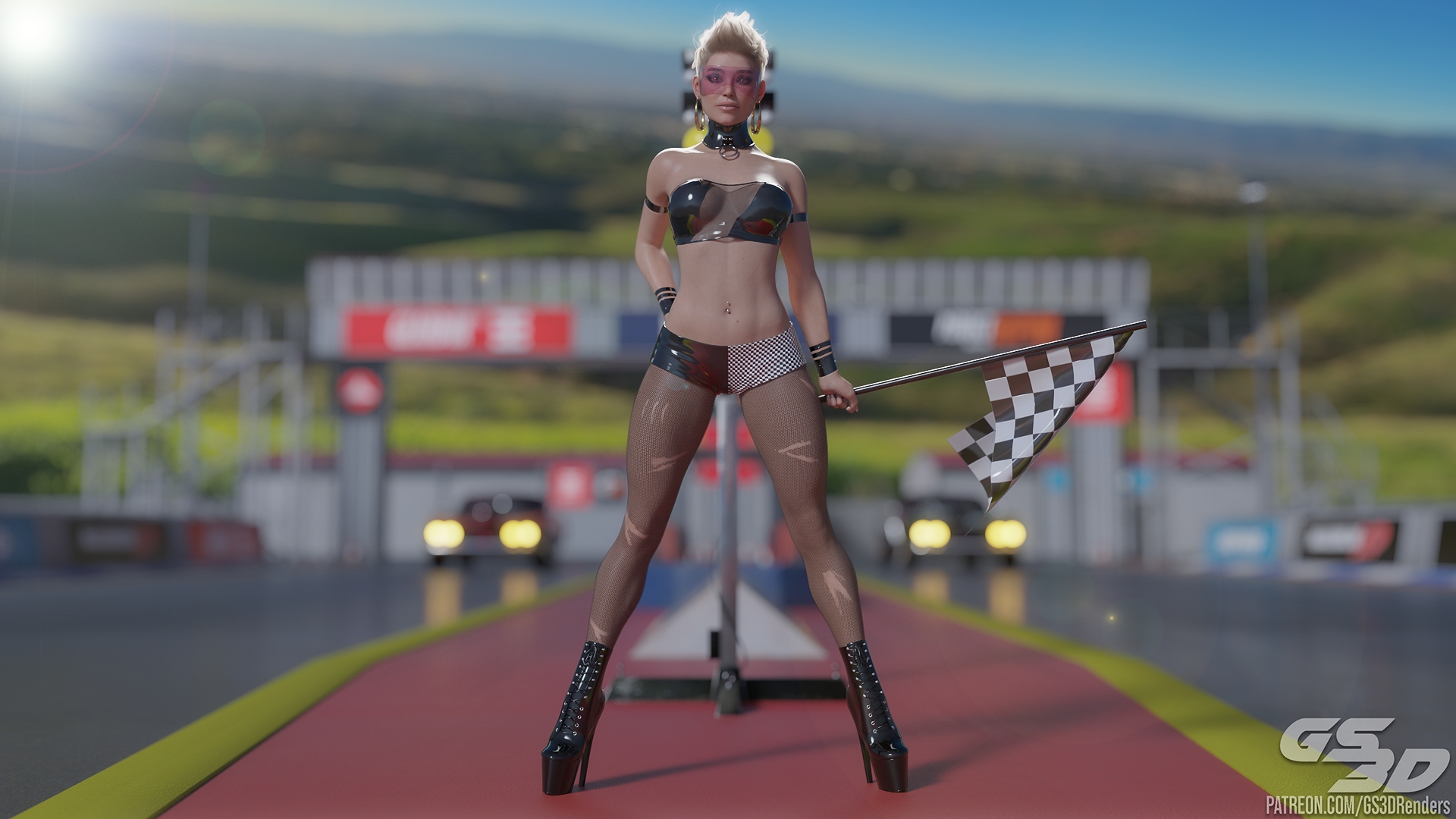 Race Queen [HD]  Rubber Latex Slut Race Queen Blonde Collar Flag Visor Glasses Goggles High Heels Short Hair Shorts Car Racing 9