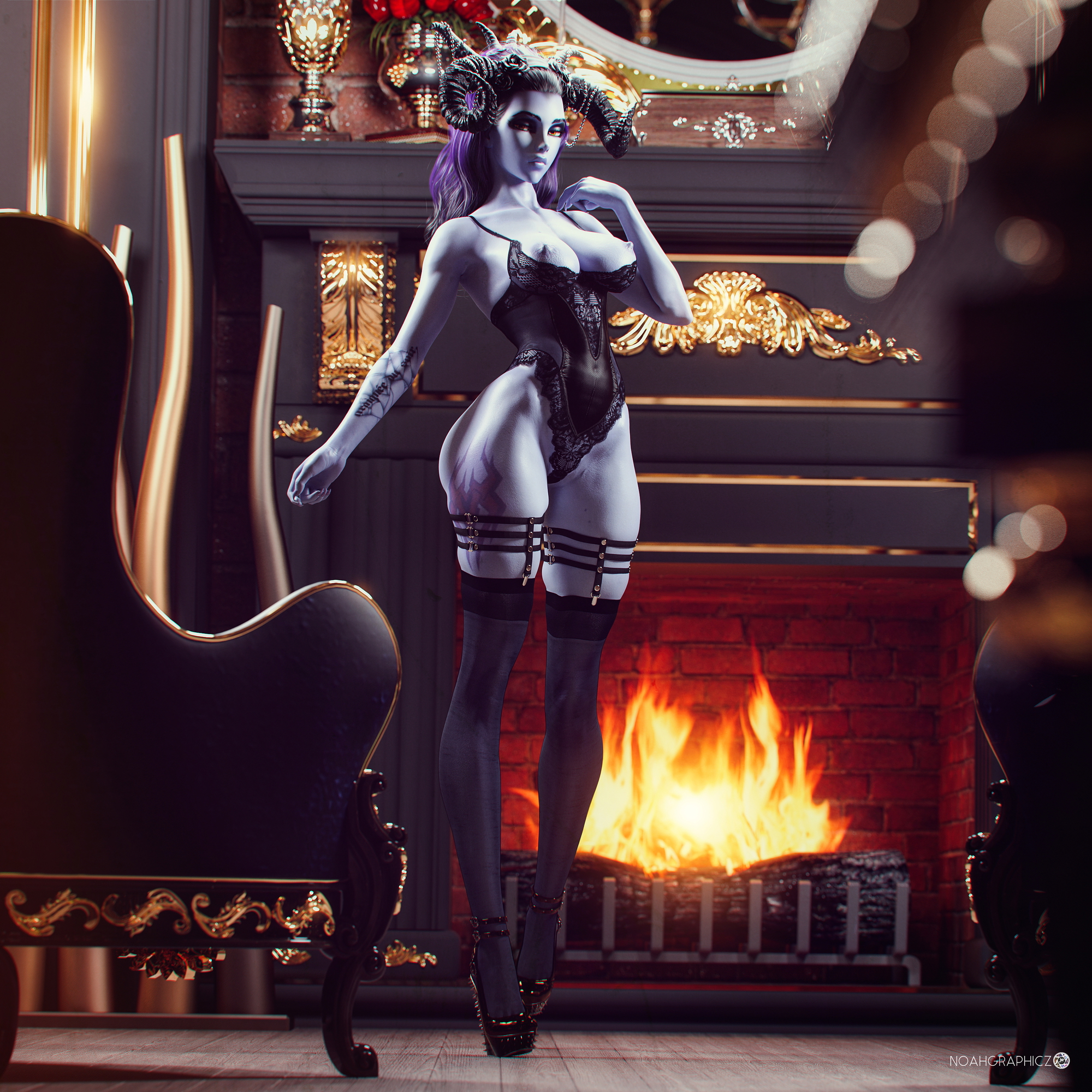 Night lingerie Widowmaker Overwatch 3d Porn Pose Sexy Lingerie Night Topless Nipples Horns