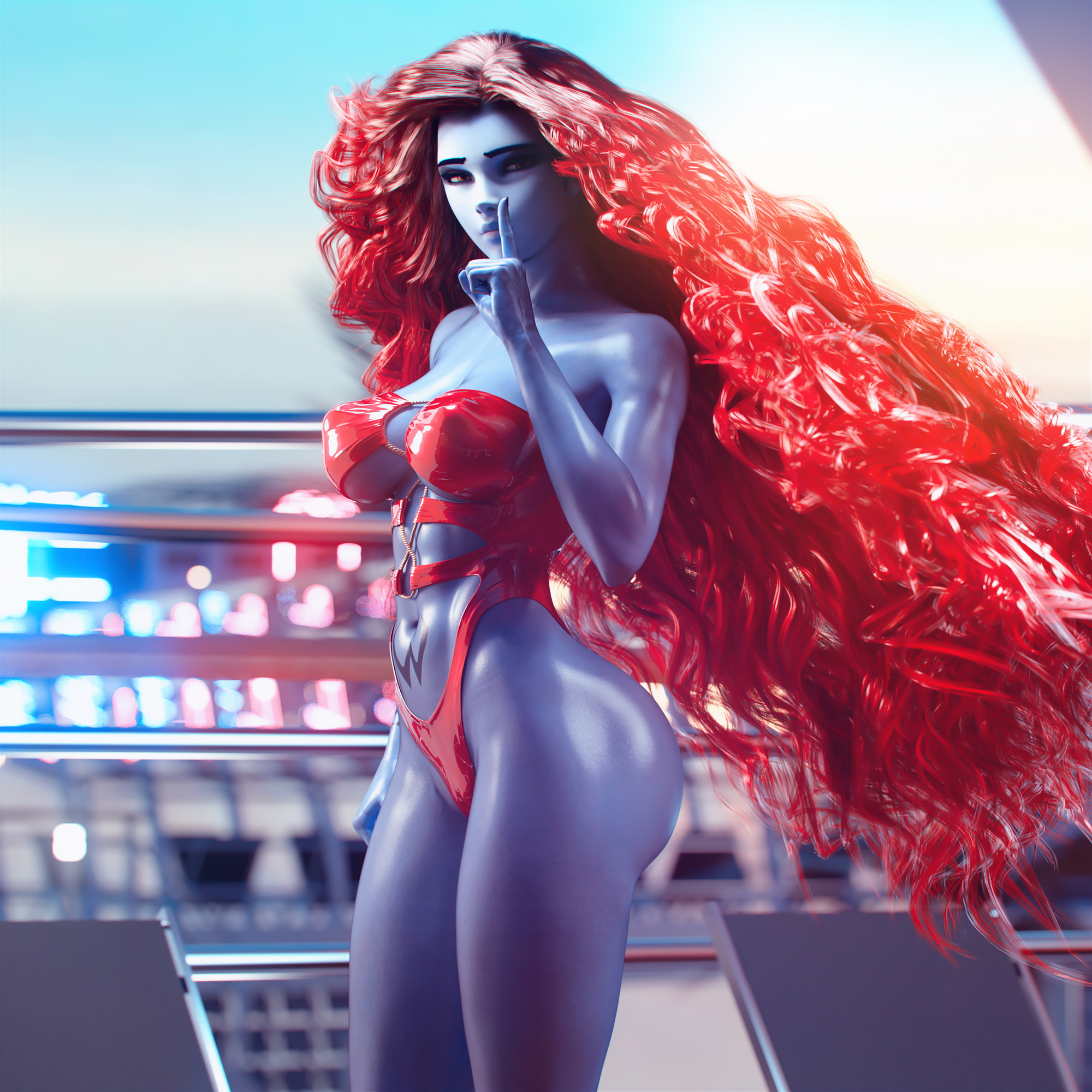 Widowmaker YKIP Widowmaker Overwatch 3d Porn Pose Sexy Looking At Viewer Red Hair Latex Big Booty Ass Back View