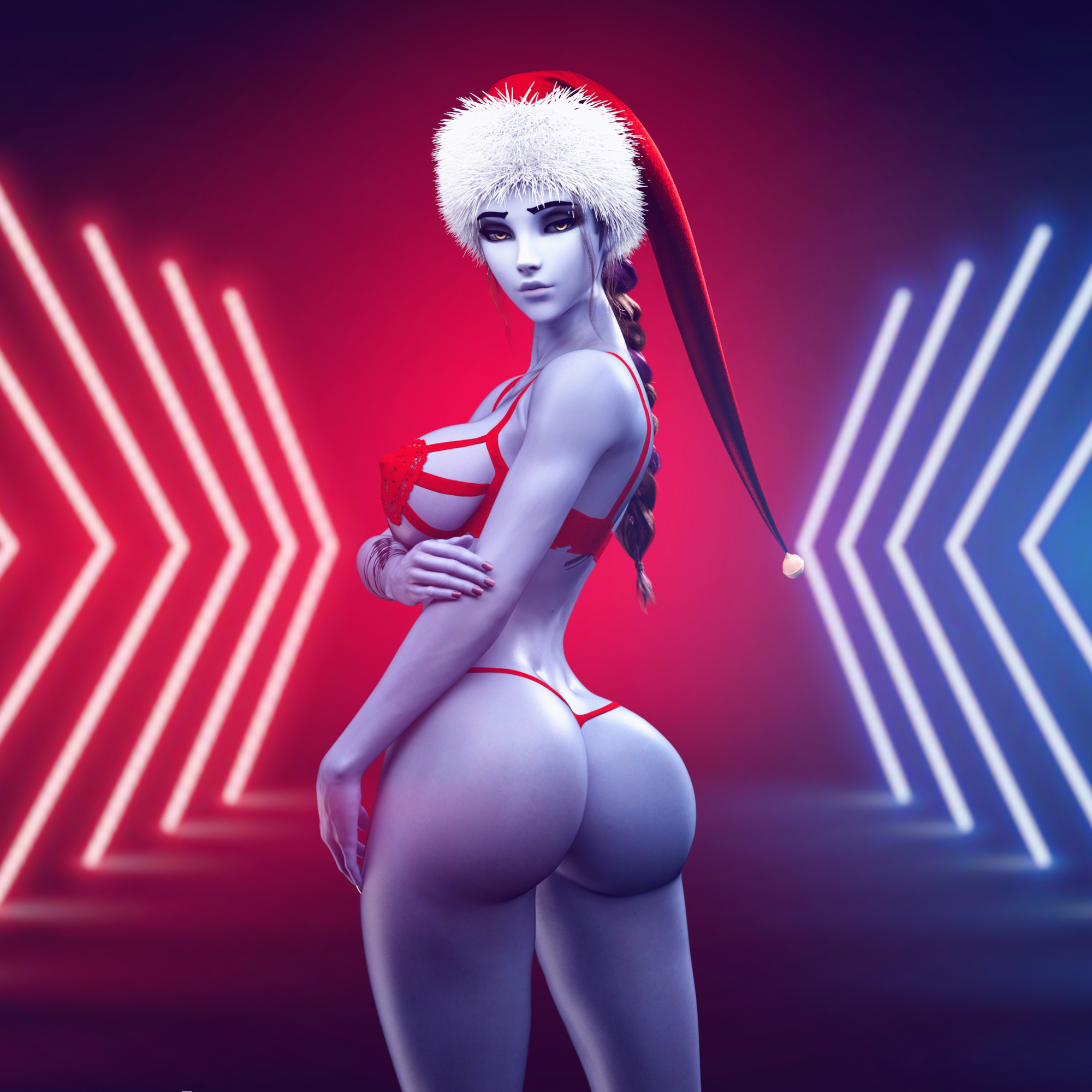 The purple girl wishes you merry christmas Overwatch Widowmaker 3d Porn Pose Sexy Christmas Lingerie Big Booty Ass 2