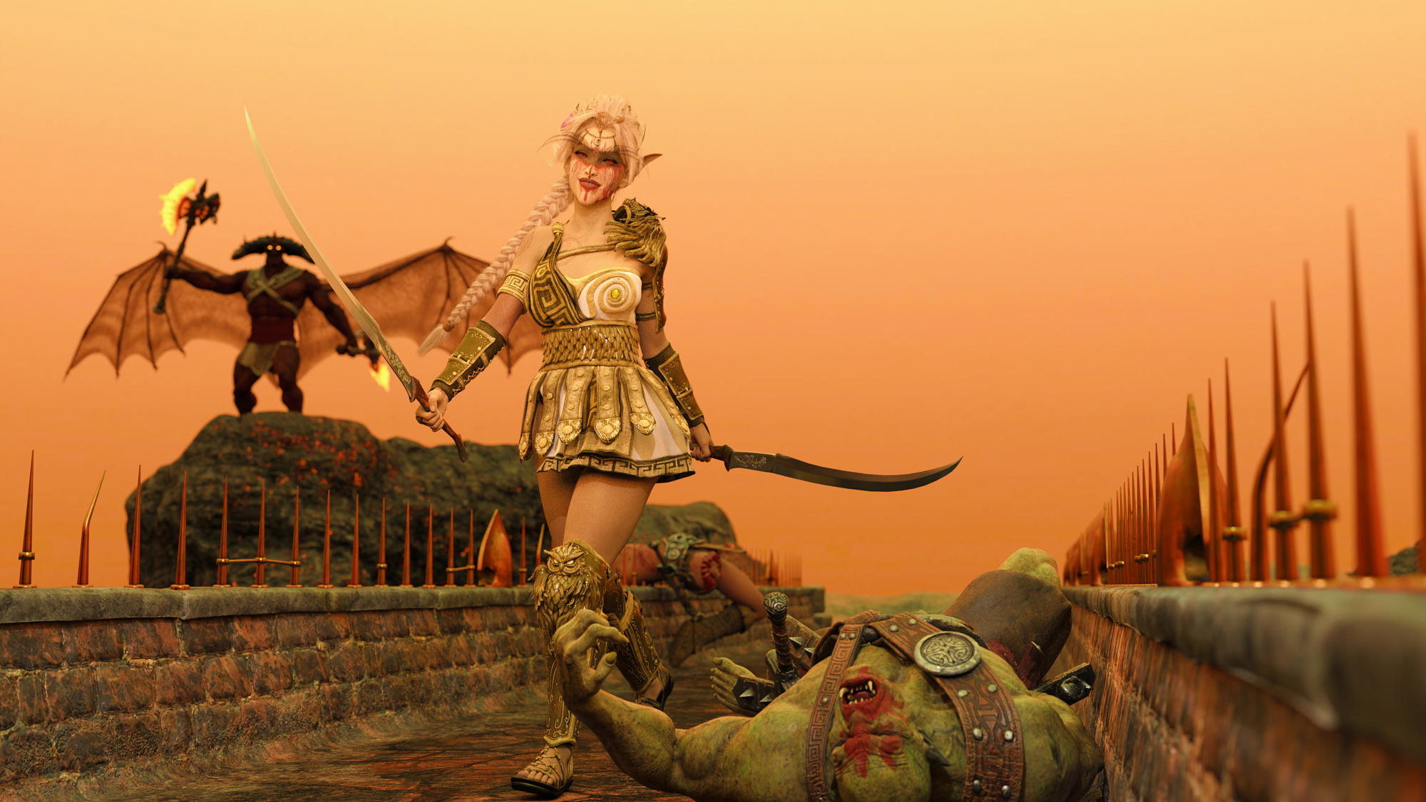 And war  Elf Fantasy Medieval Greek Demon Orc Blood White Hair Sword Wings Horns Smile Happy Face