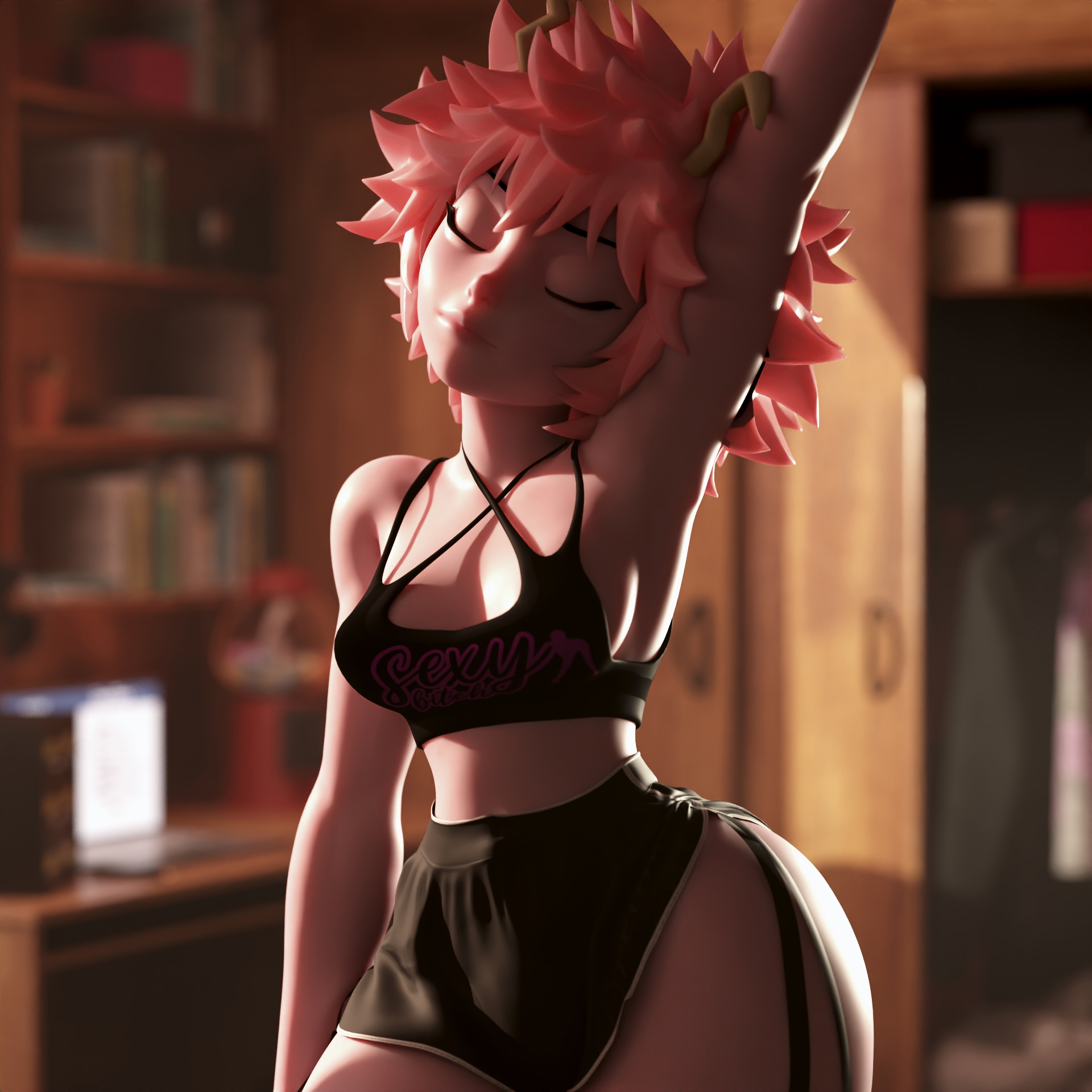 Morning Stretch My Hero Academia Mina Ashido Partially_clothed Pink Hair Sleeping Shorts Crop Top