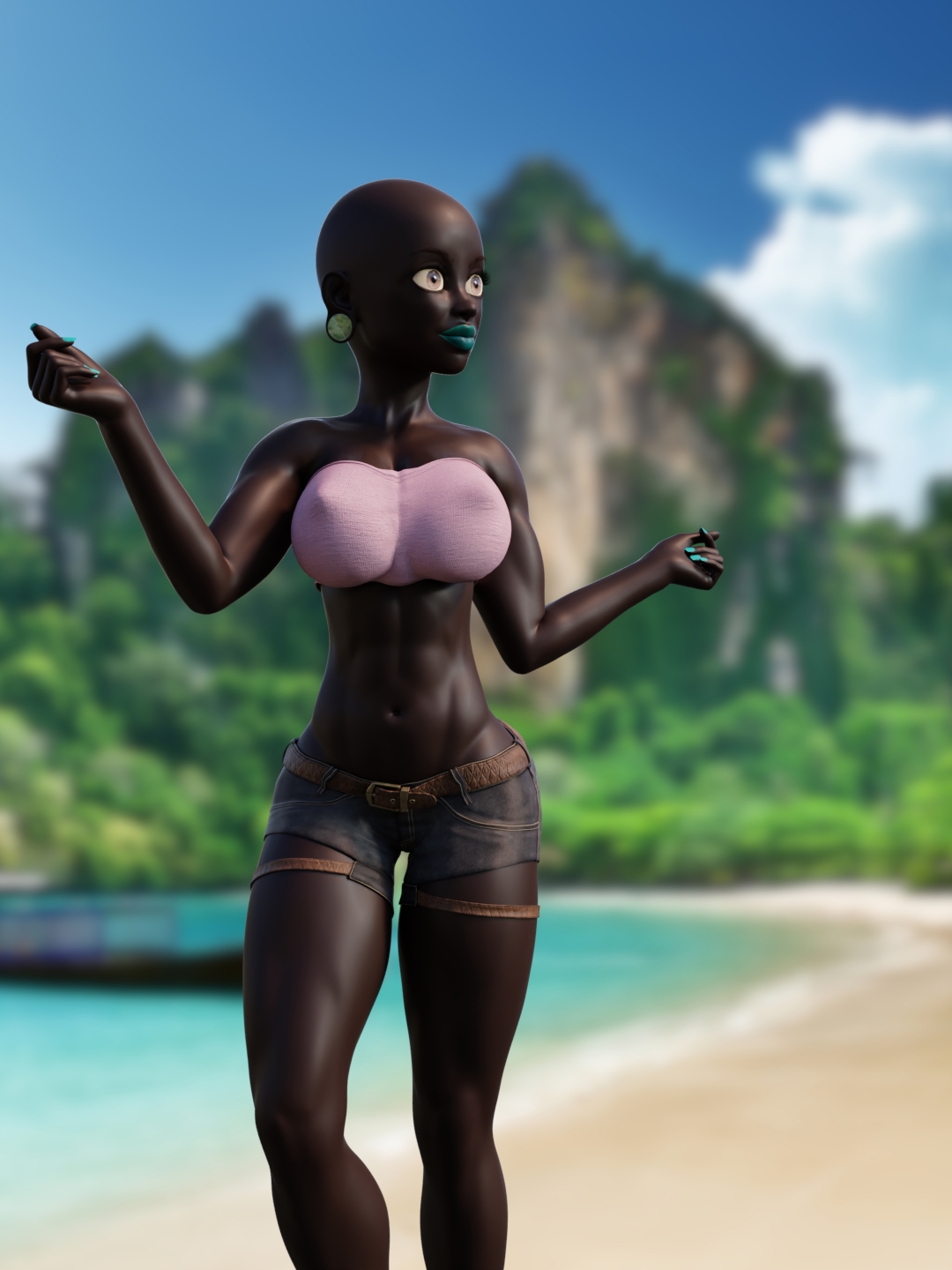 Beachwear!  Musclegirl Trans Futanari Big Cock Black Bikini