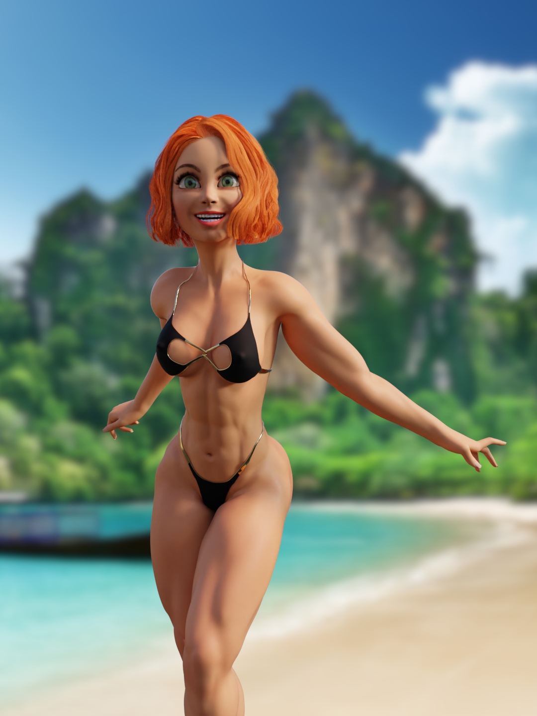 Beachwear!  Musclegirl Trans Futanari Big Cock Black Bikini 2
