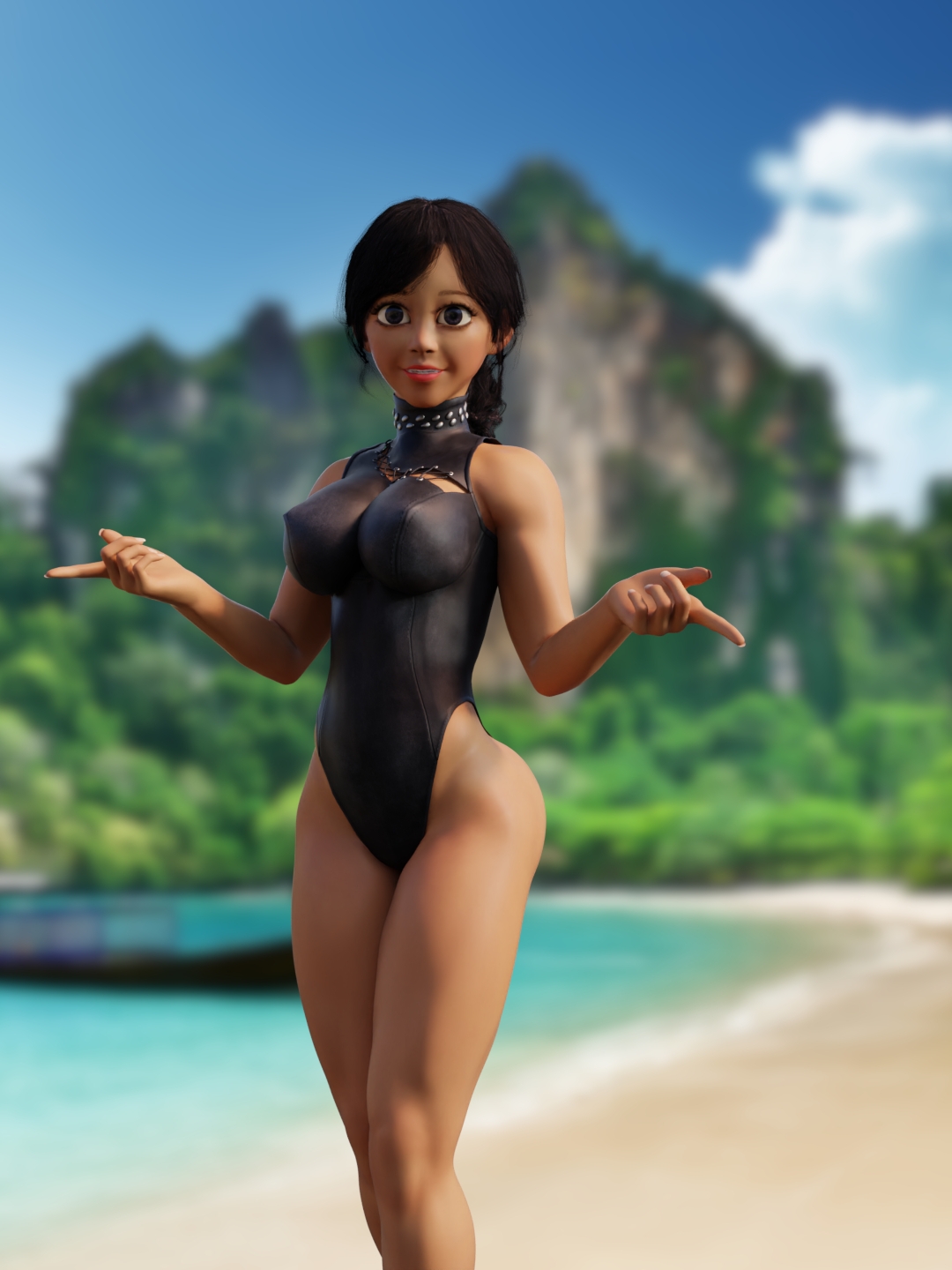 Beachwear!  Musclegirl Trans Futanari Big Cock Black Bikini 3