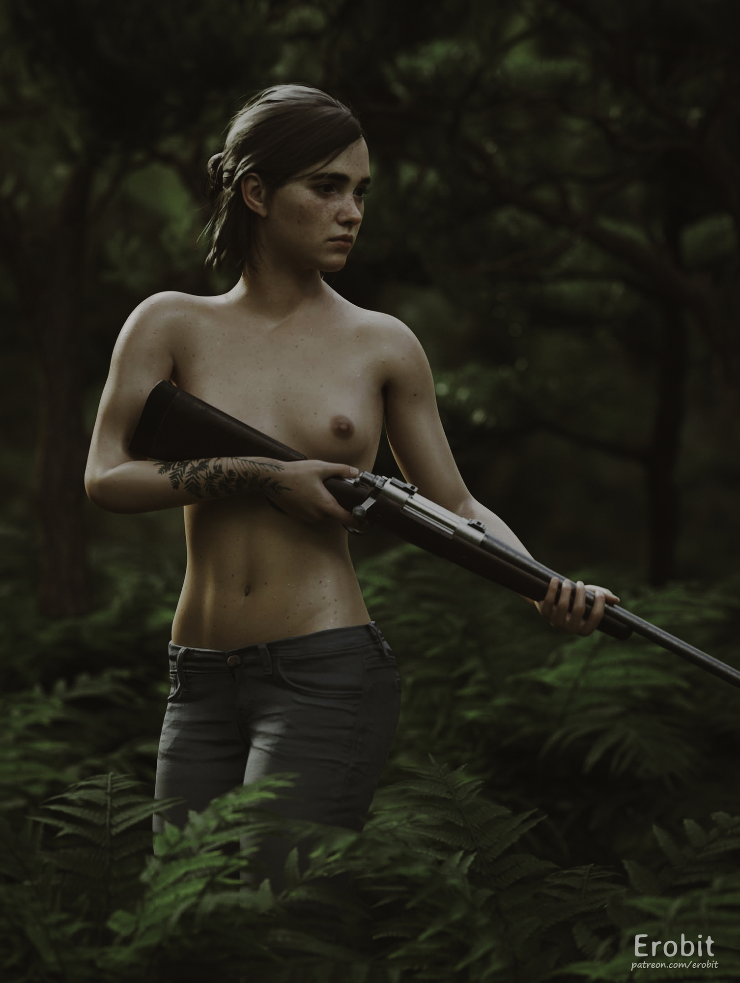 Ellie topless Ellie (the Last Of Us) The Last Of Us Sexy Jeans Nude Videogame 3d Girl Topless Half Naked Forest Short Hair