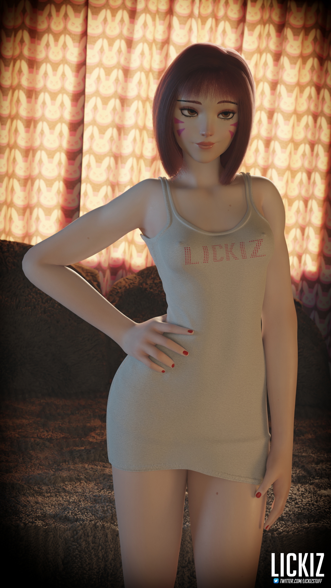 DVa in her bodycon Dva (overwatch) D.va Blizzard Overwatch Pubic Hair Landing Strip Pussy Short Hair Brown Hair Bodycon Pussy Nipples Bed Posing Curtains Clothed Dress Undressing Smile Looking At Viewer