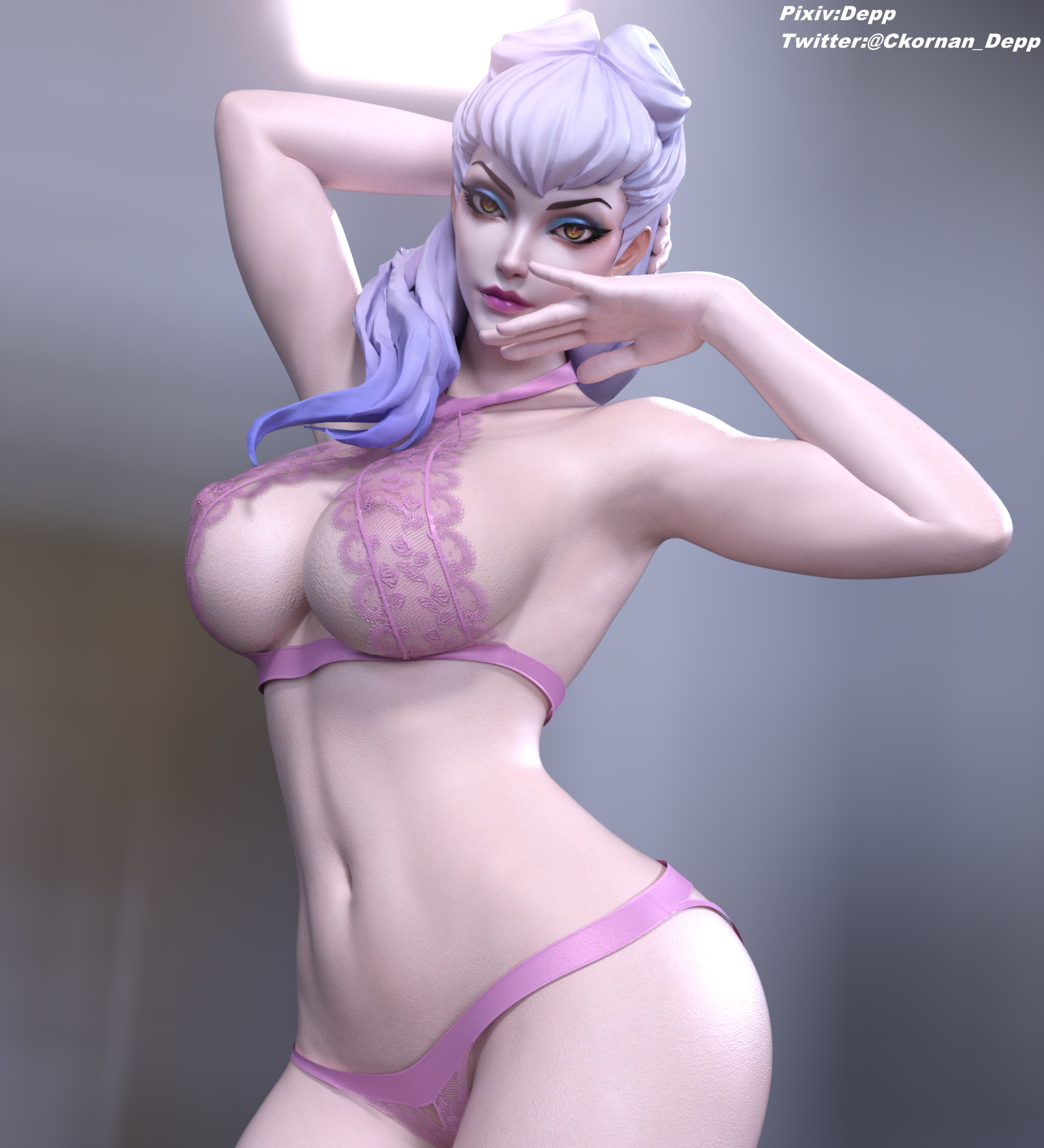 Evelynn Evelynn League Of Legends Lace Panties Lingerie Pink Nipples Big Tits Big Breasts