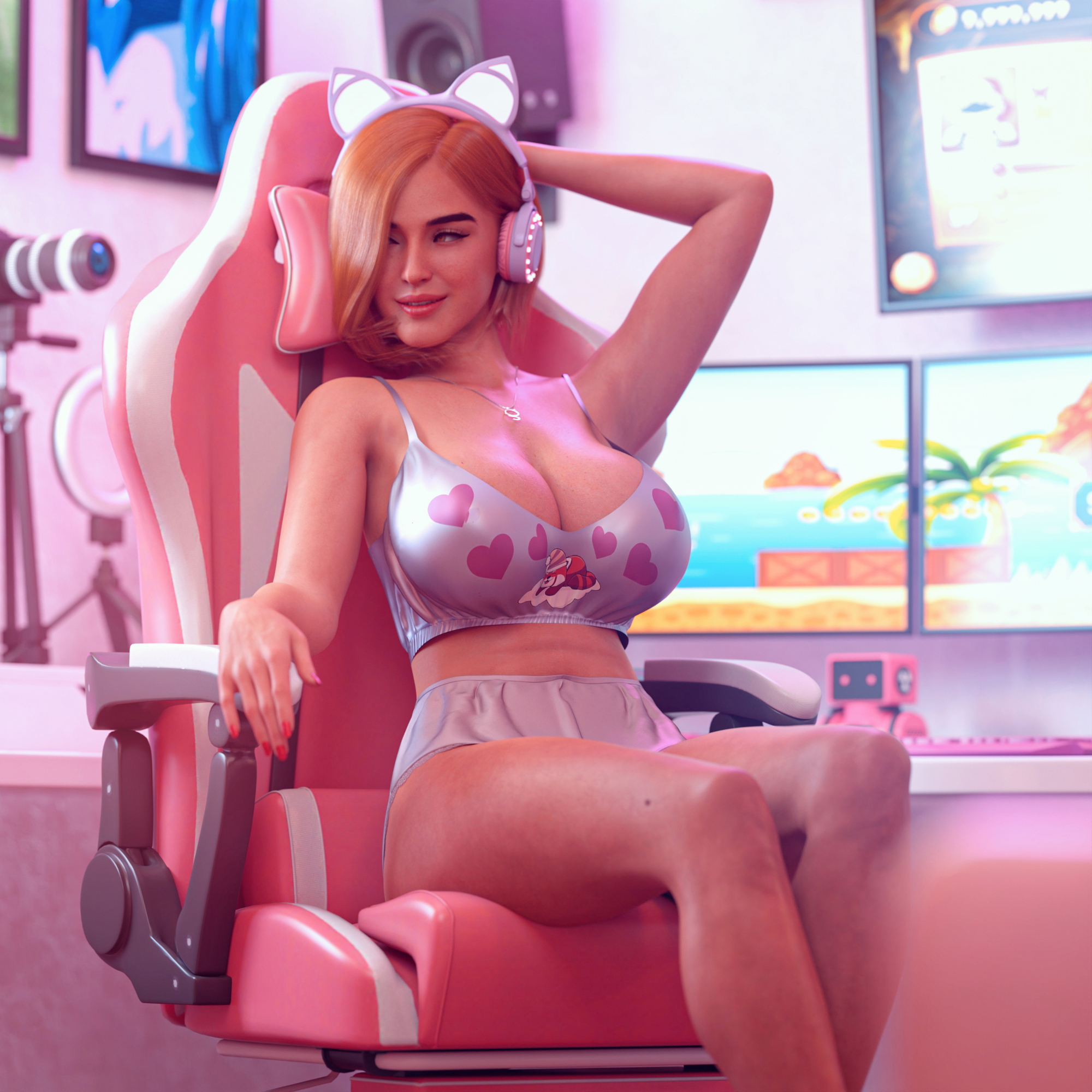 Cute Gamer Girl 2  Gamer Girl Cat Ears Cute Big Booty Big Tits 3d Girl Sfw Lingerie