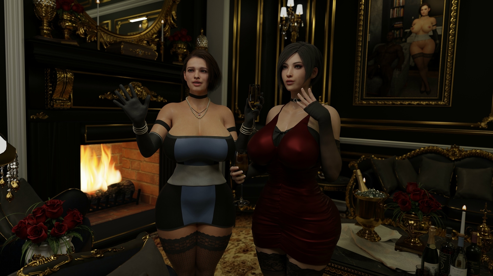 Jill showing Ada her most favorite portrait. Wonder what is Jill saying to Ada ? 🤔 Jill Valentine Resident Evil Ada Wong 3dnsfw Big Tits Stockings Dress Thick Thighs Thicc Portrait Chained Black Dude