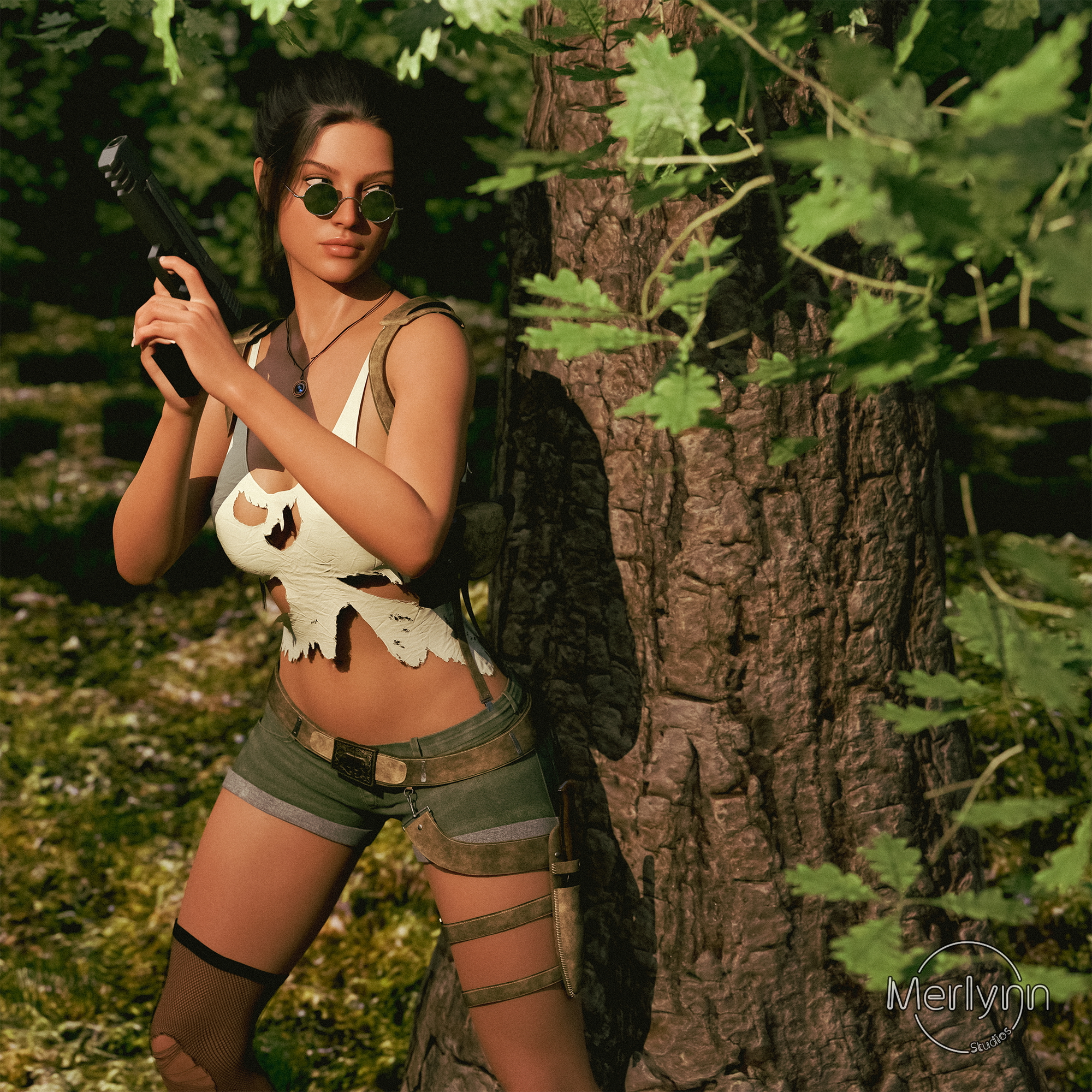 Steady Croft Lara Croft Tomb Raider Videogame Game Sexy Big Tits Big Breasts Forest Gun