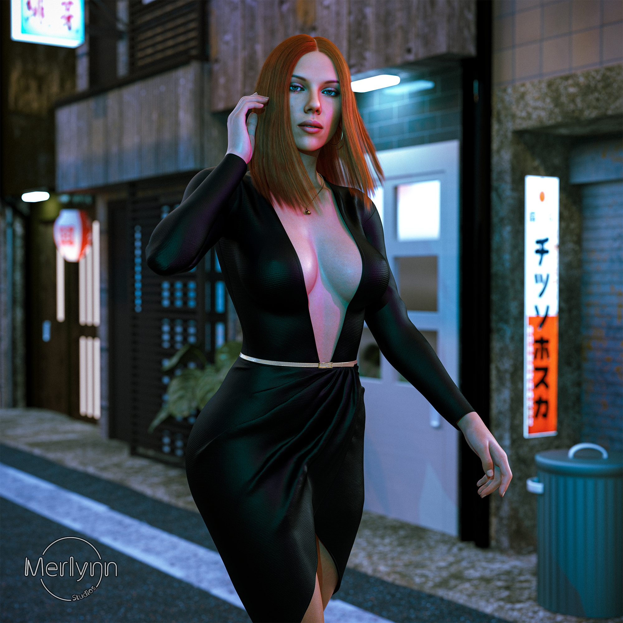 Natasha goes Undercover Marvel Natasha Romanoff Black Widow Videogame Movie Game Sexy Big Tits Big Breasts Red Hair Dress Night Night City Cleavage